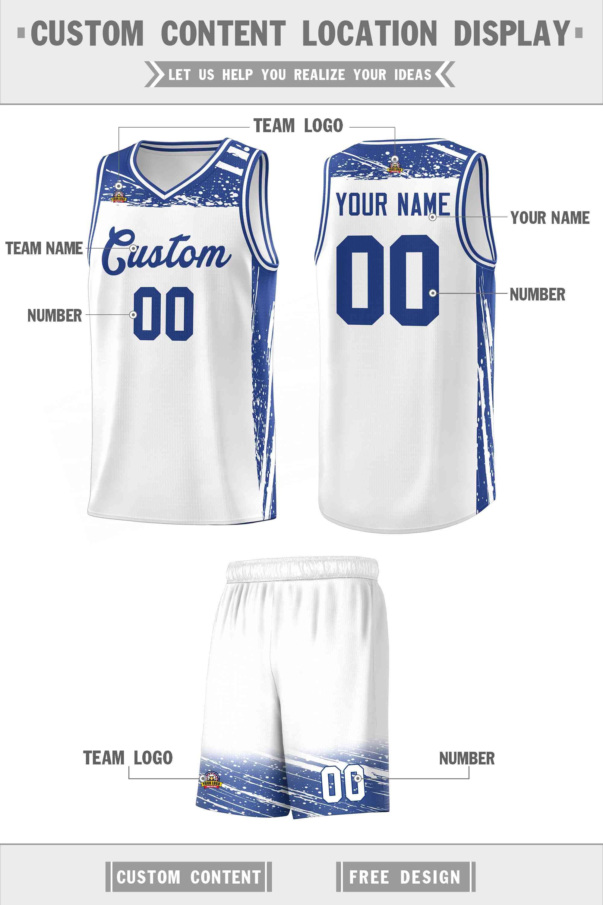 Custom White Royal Graffiti Pattern Sports Uniform Basketball Jersey