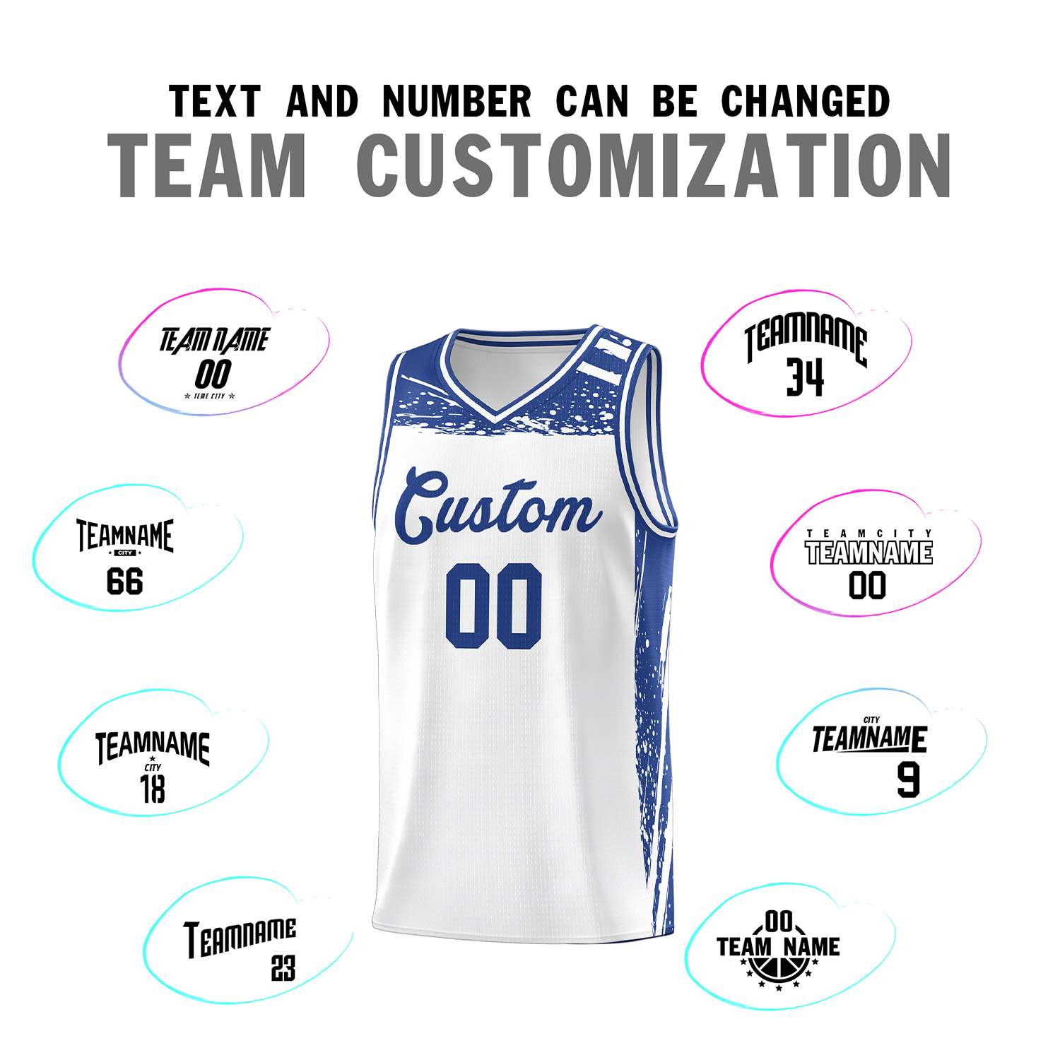 Custom White Royal Graffiti Pattern Sports Uniform Basketball Jersey