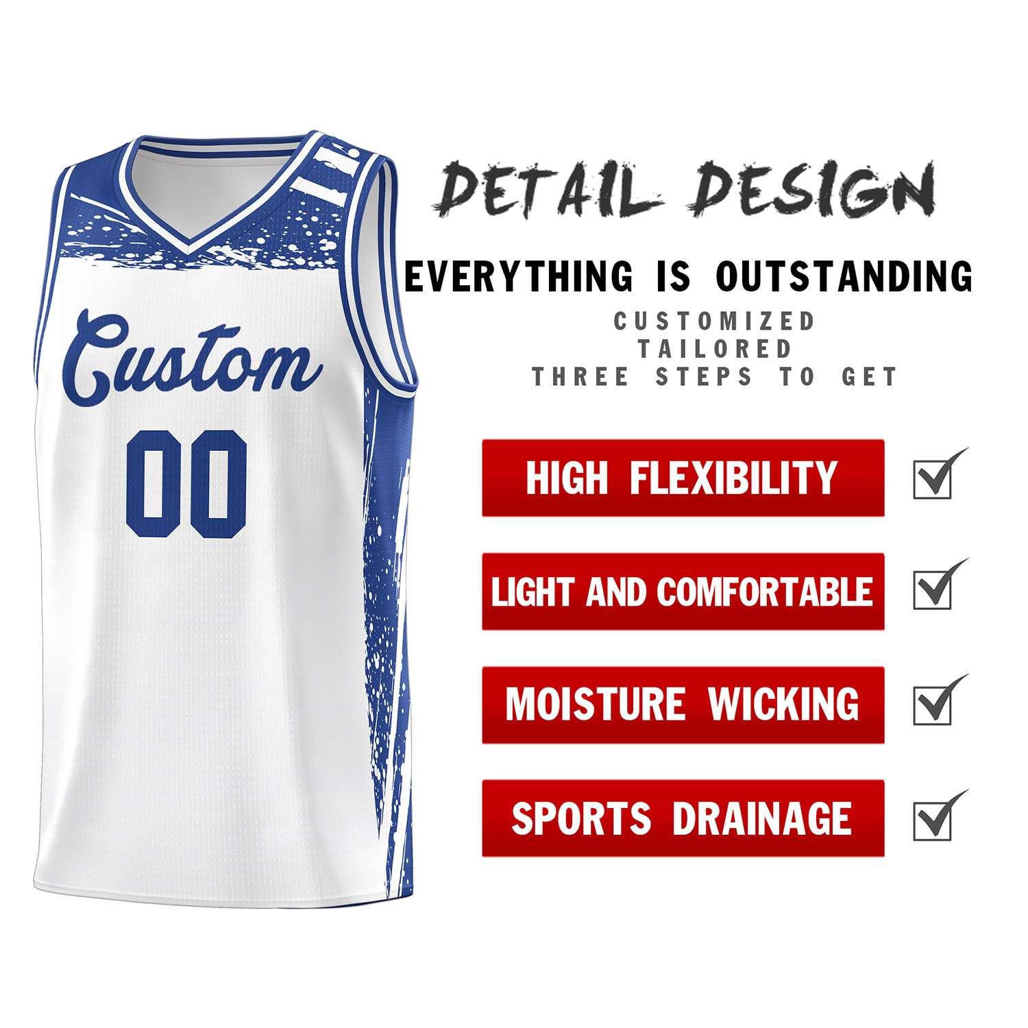 Custom White Royal Graffiti Pattern Sports Uniform Basketball Jersey