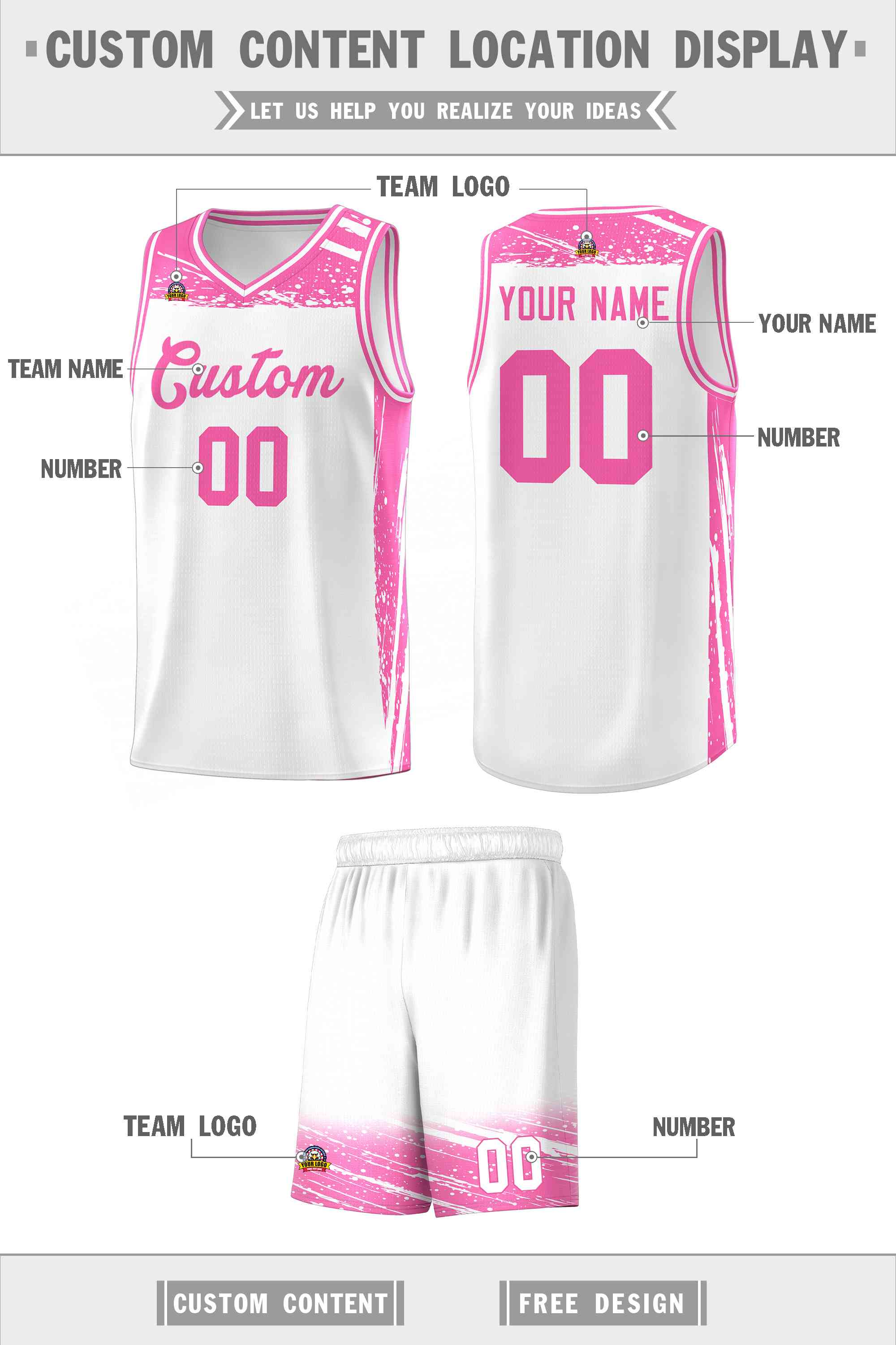 Custom White Pink Graffiti Pattern Sports Uniform Basketball Jersey