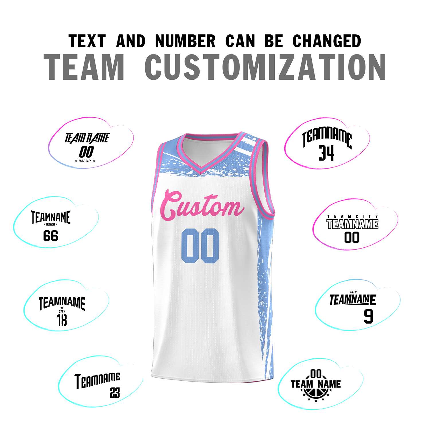 Custom White Light Blue Graffiti Pattern Sports Uniform Basketball Jersey