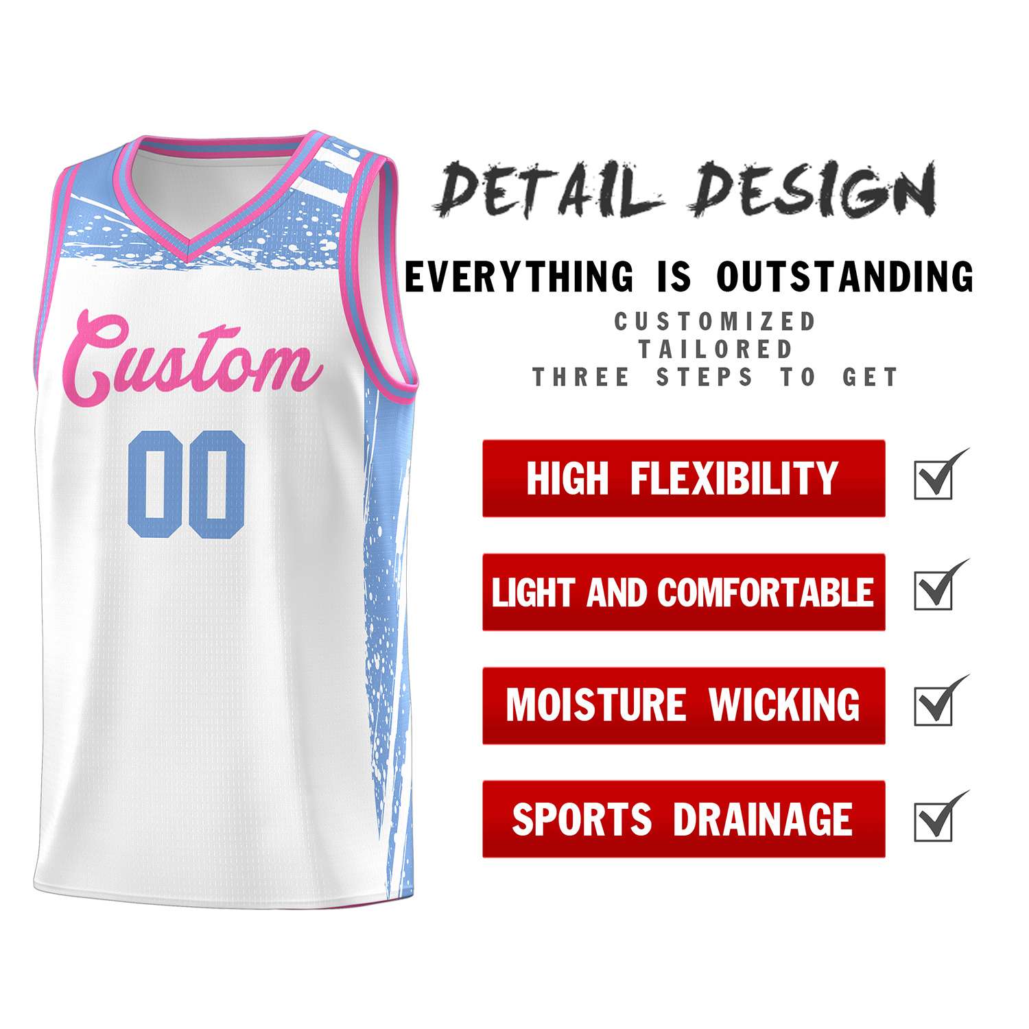 Custom White Light Blue Graffiti Pattern Sports Uniform Basketball Jersey