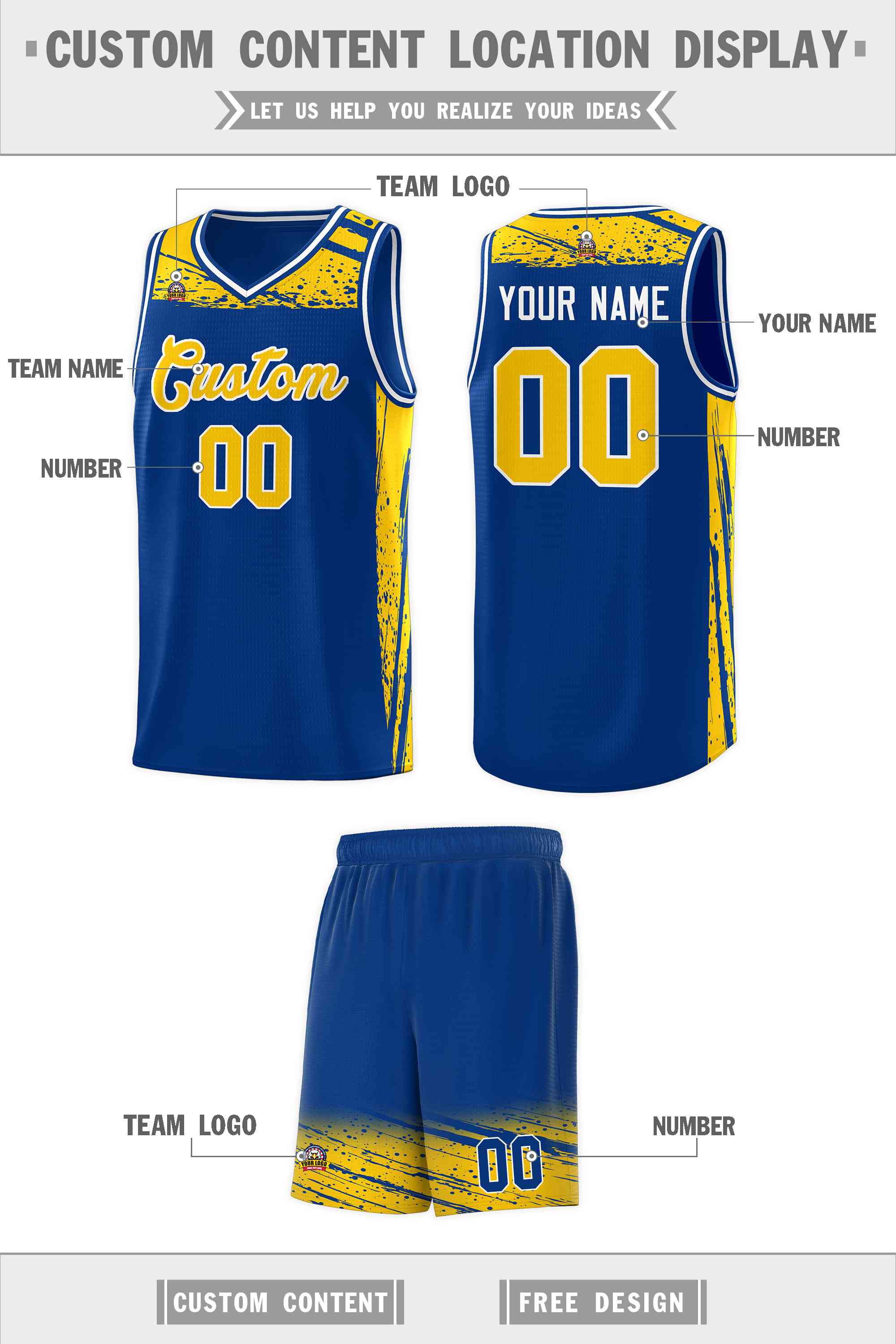 Custom Royal Yellow Graffiti Pattern Sports Uniform Basketball Jersey