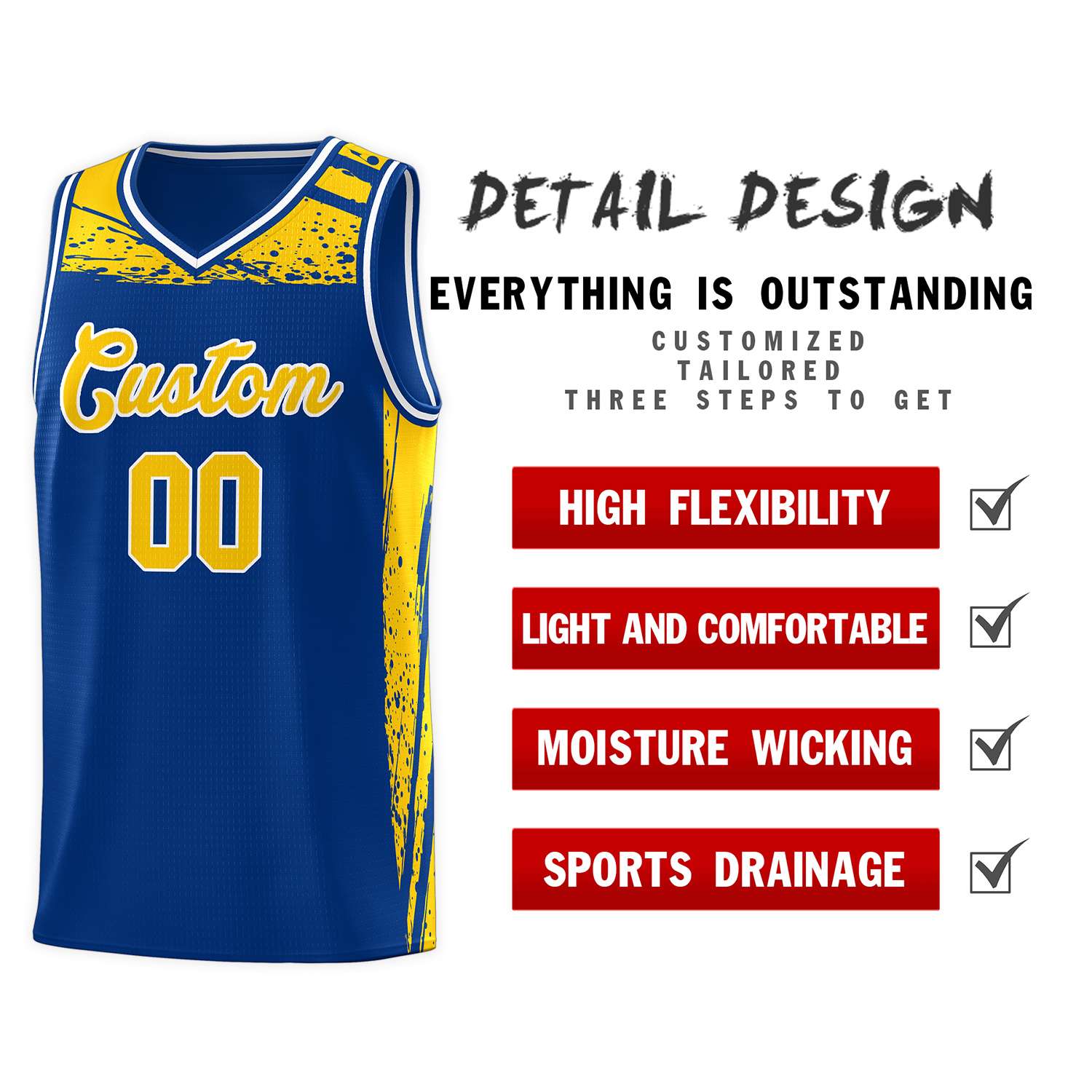 Custom Royal Yellow Graffiti Pattern Sports Uniform Basketball Jersey