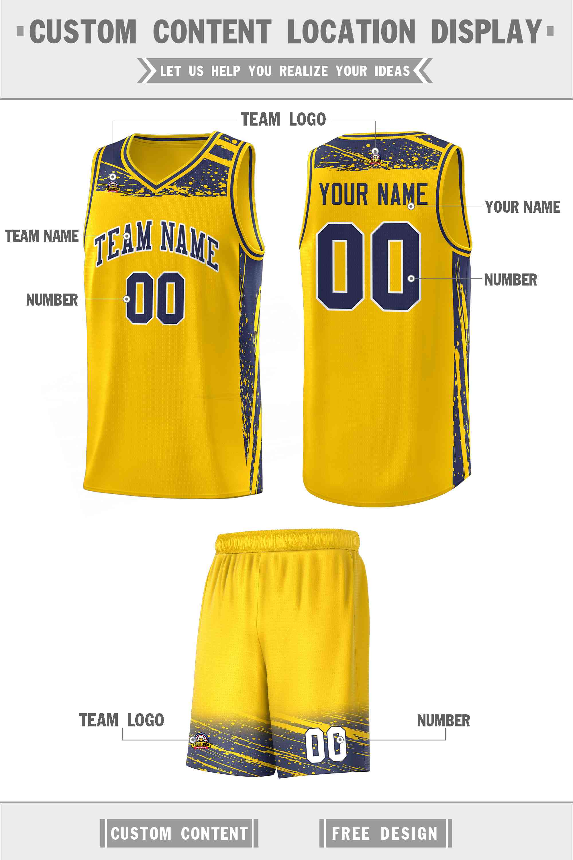 Custom Yellow Navy Graffiti Pattern Sports Uniform Basketball Jersey