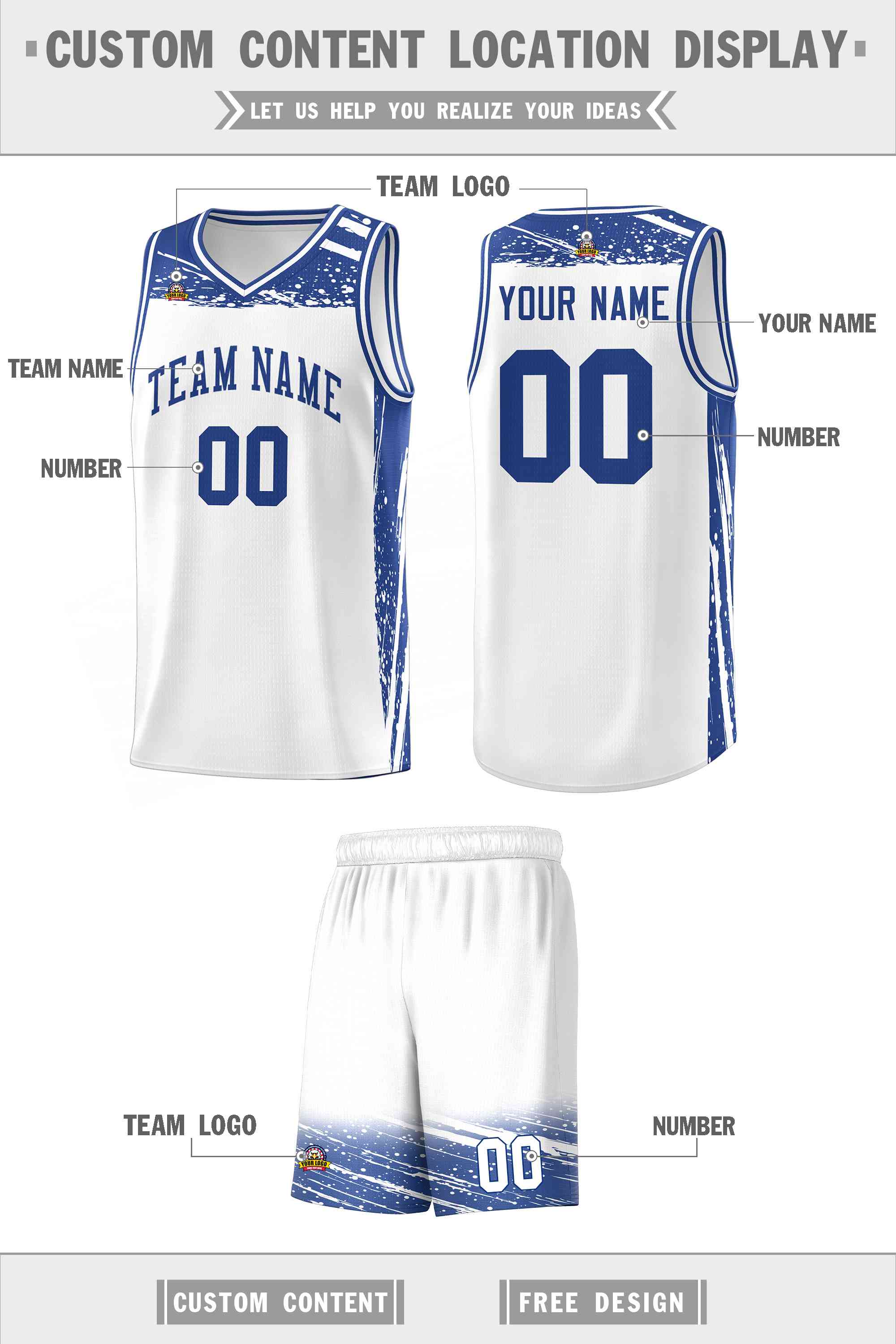 Custom White Royal Graffiti Pattern Sports Uniform Basketball Jersey