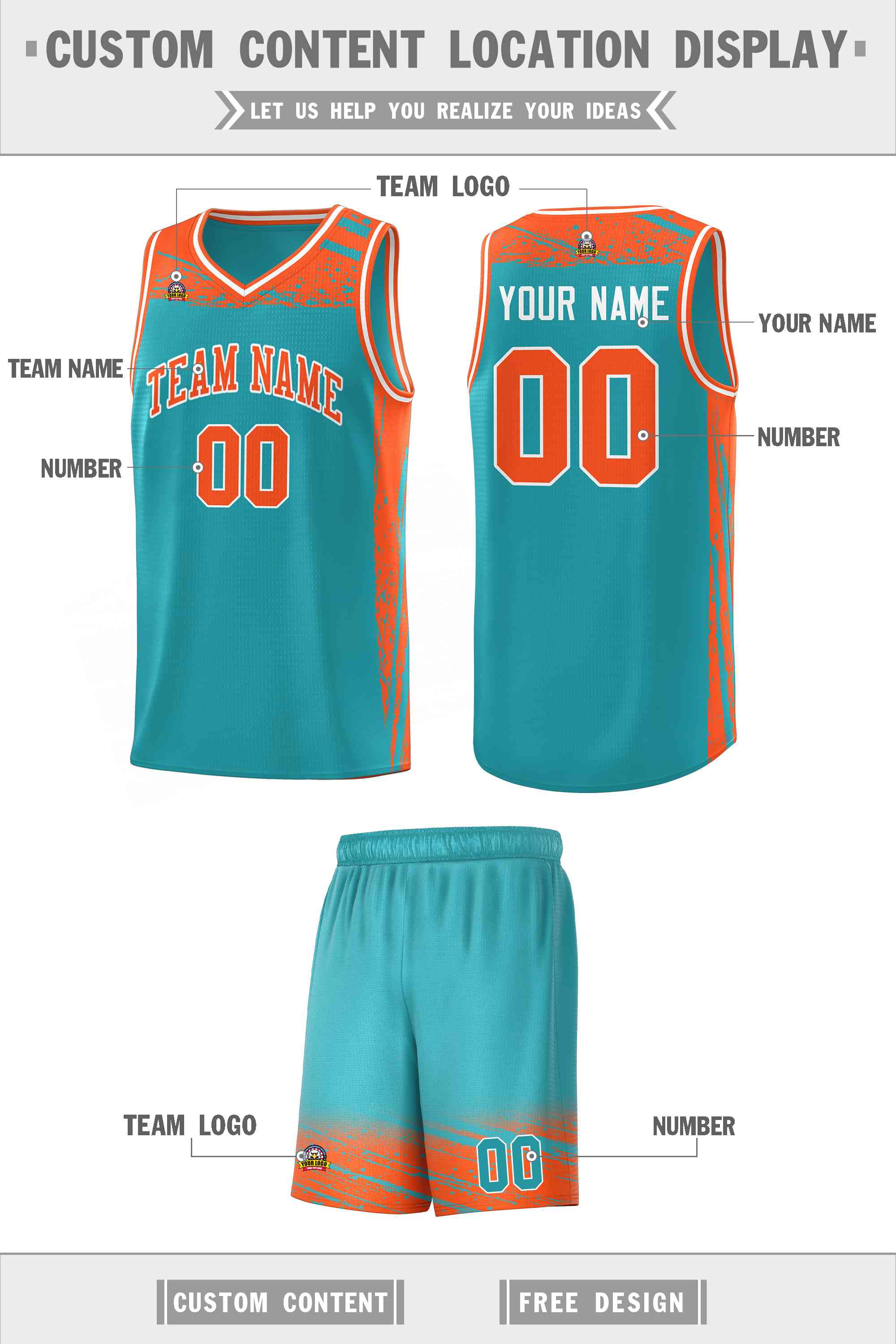 Custom Aqua Orange Graffiti Pattern Sports Uniform Basketball Jersey