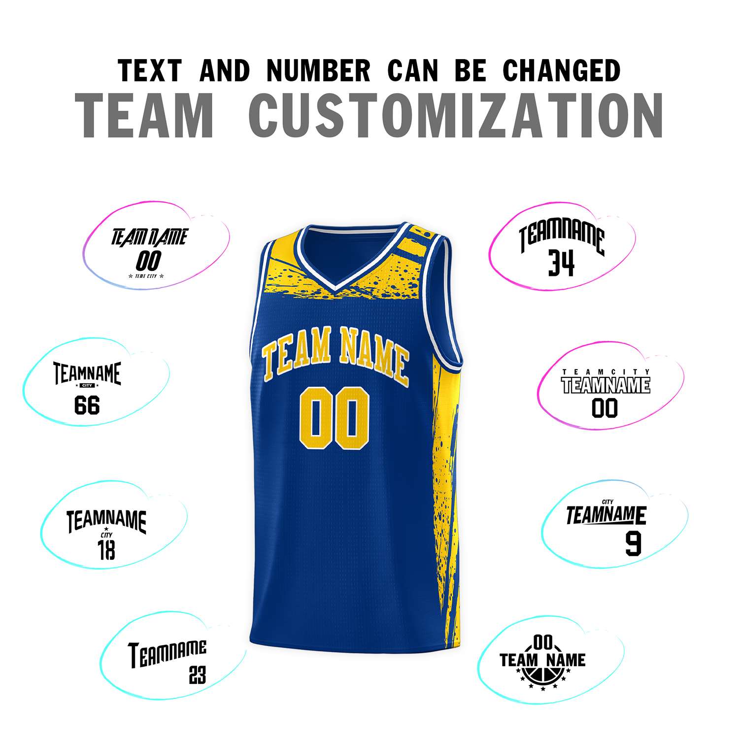 Custom Royal Yellow Graffiti Pattern Sports Uniform Basketball Jersey