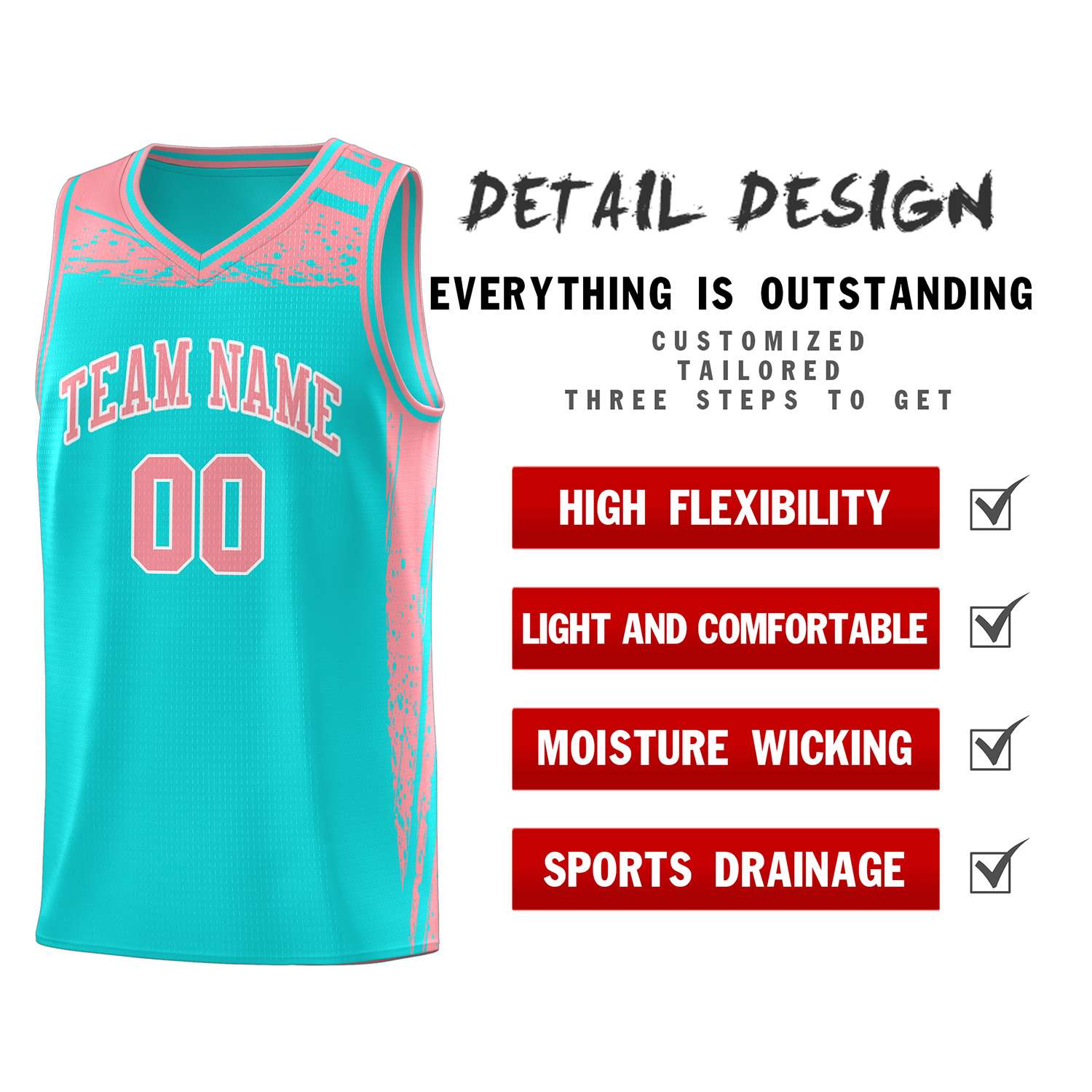 Custom Aqua Light Pink Graffiti Pattern Sports Uniform Basketball Jersey