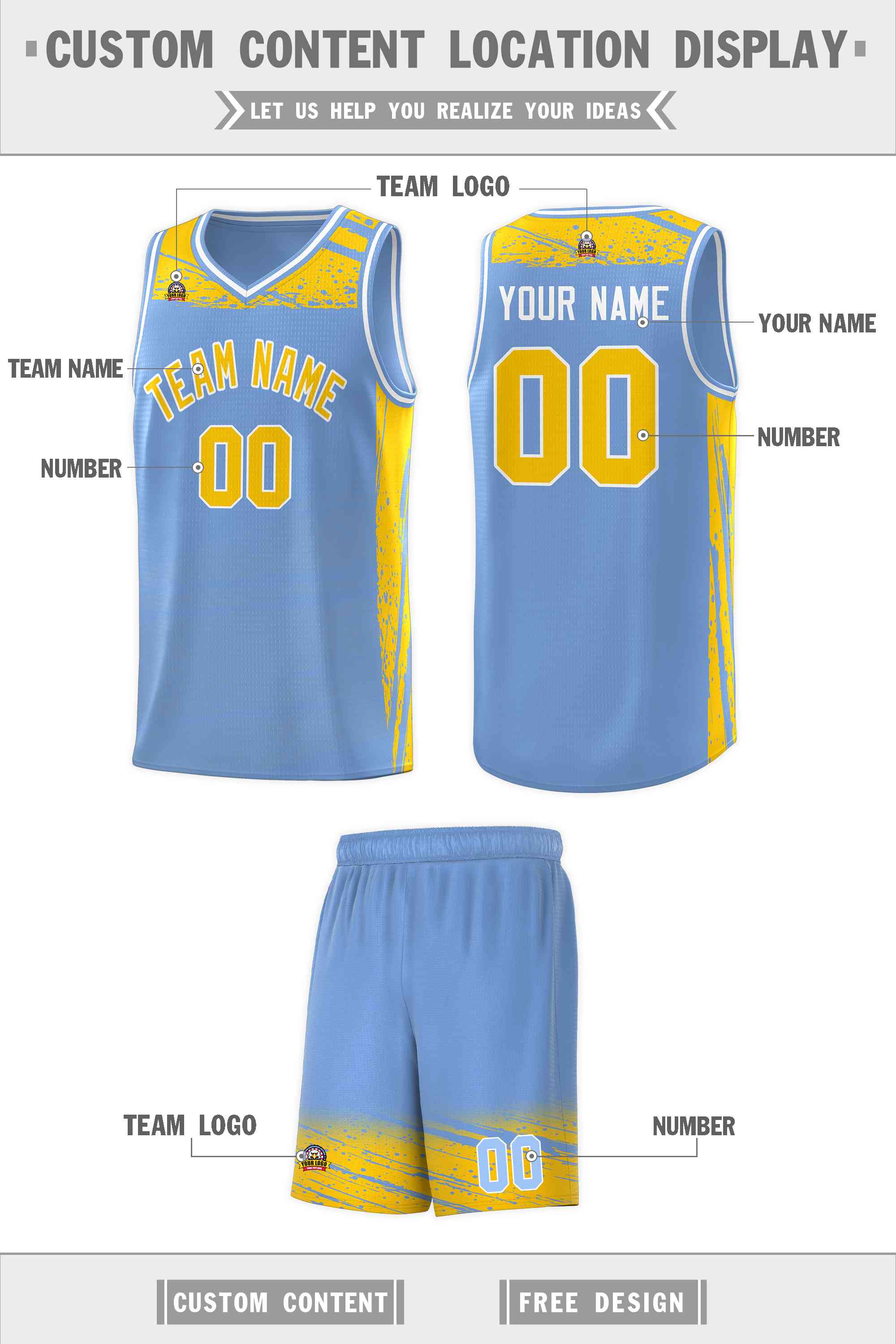 Custom Light Blue Yellow Graffiti Pattern Sports Uniform Basketball Jersey