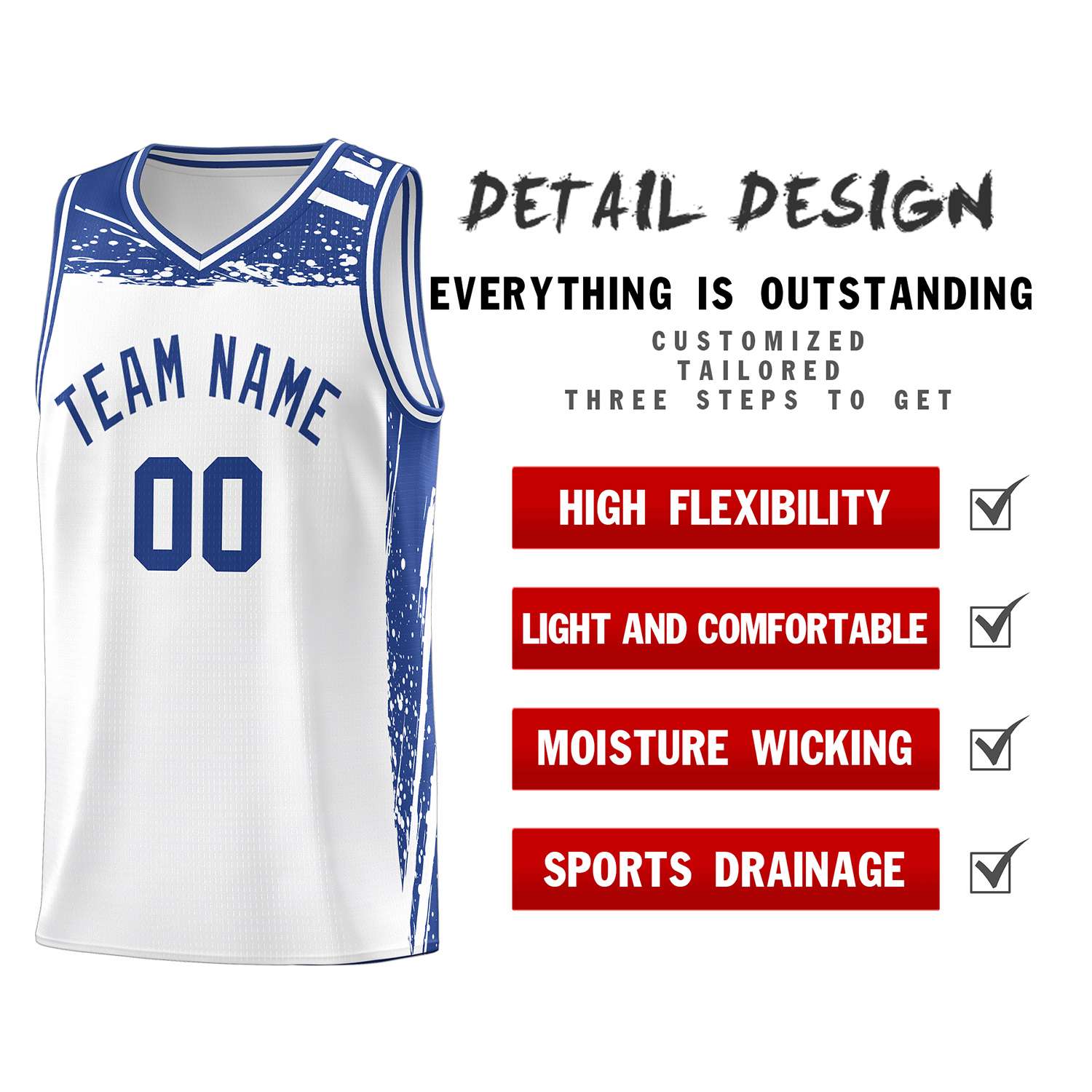 Custom White Royal Graffiti Pattern Sports Uniform Basketball Jersey