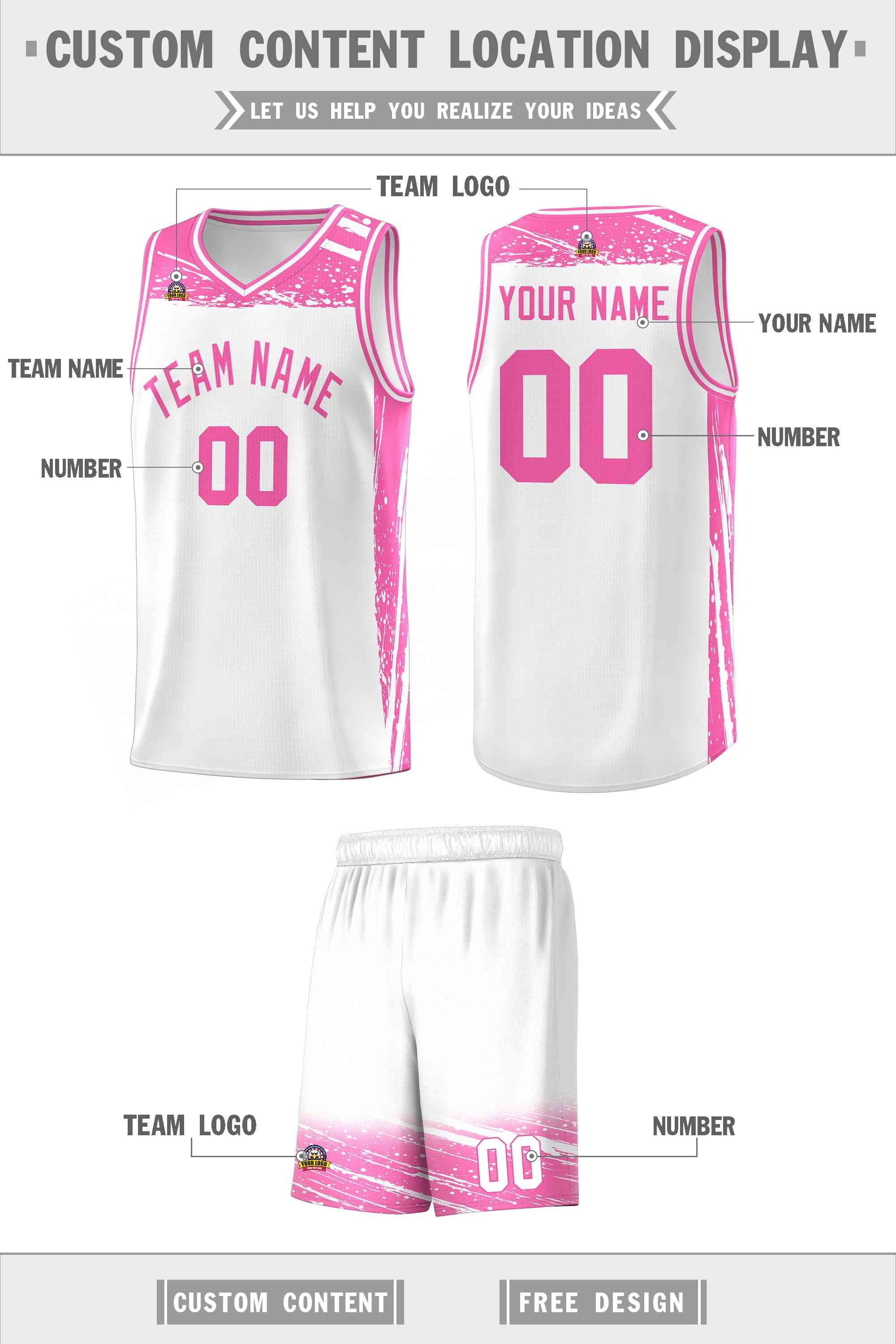 Custom White Pink Graffiti Pattern Sports Uniform Basketball Jersey