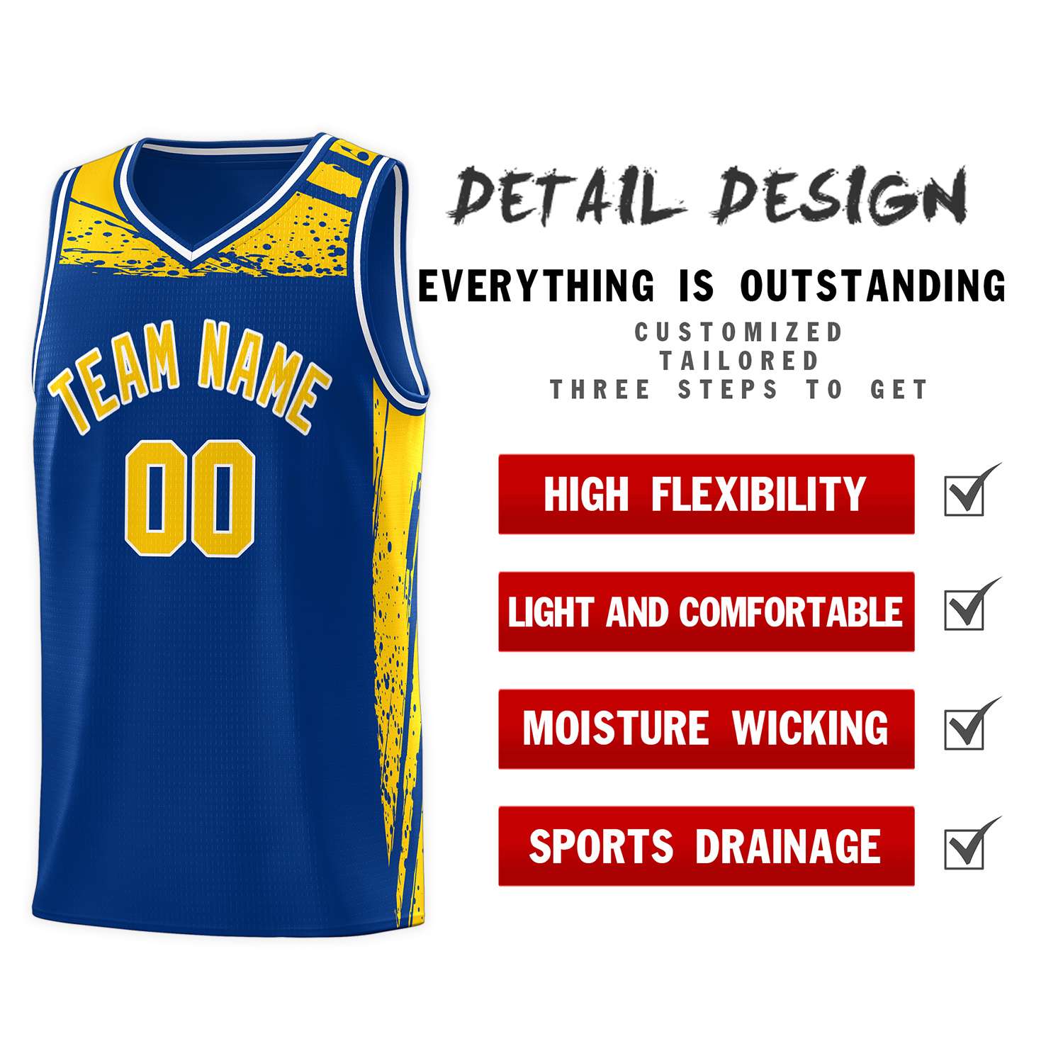 Custom Royal Yellow Graffiti Pattern Sports Uniform Basketball Jersey