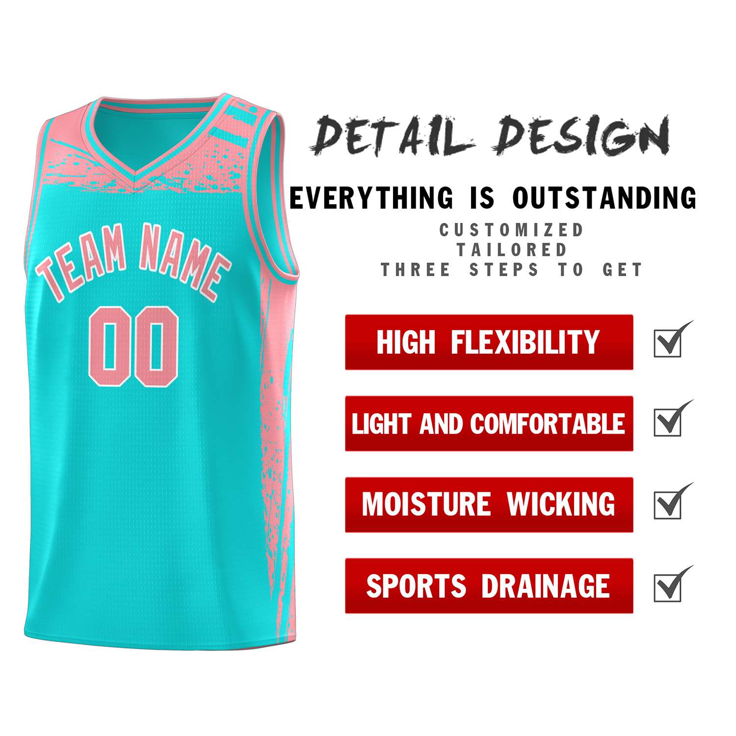 Custom Aqua Light Pink Graffiti Pattern Sports Uniform Basketball Jersey