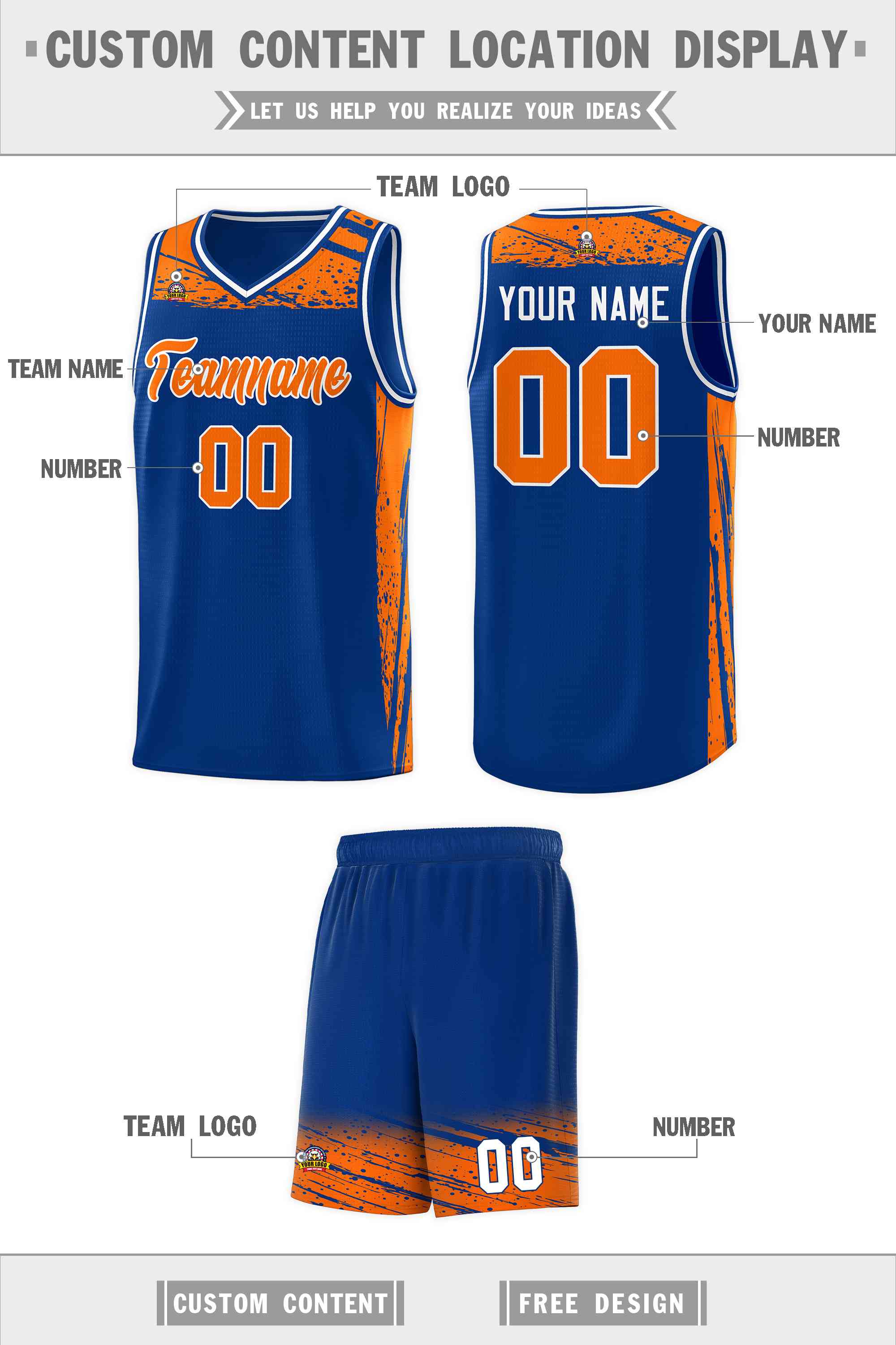 Custom Royal Orange Graffiti Pattern Sports Uniform Basketball Jersey