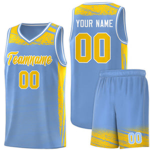 Custom Light Blue Yellow Graffiti Pattern Sports Uniform Basketball Jersey