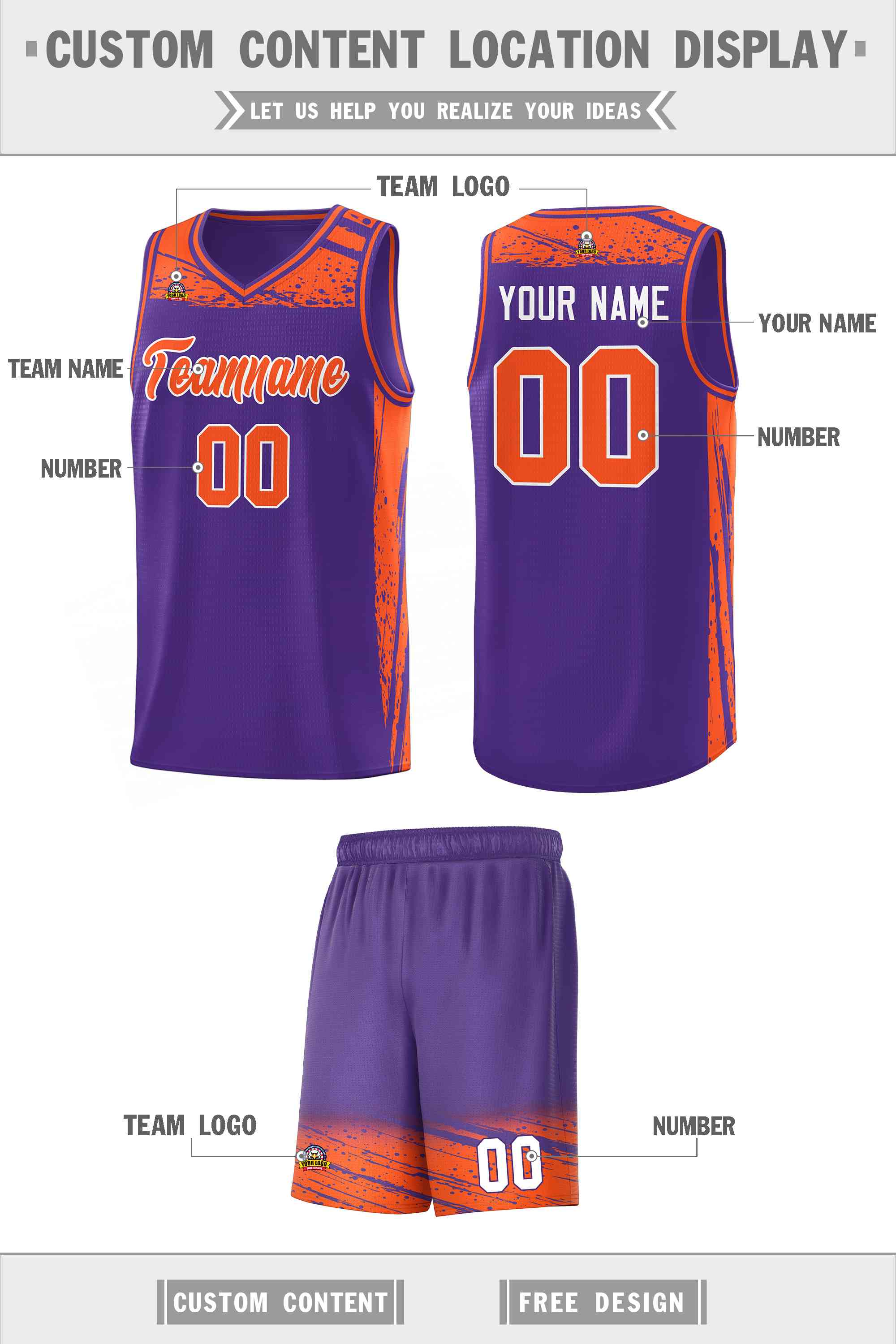 Custom Purple Orange Graffiti Pattern Sports Uniform Basketball Jersey