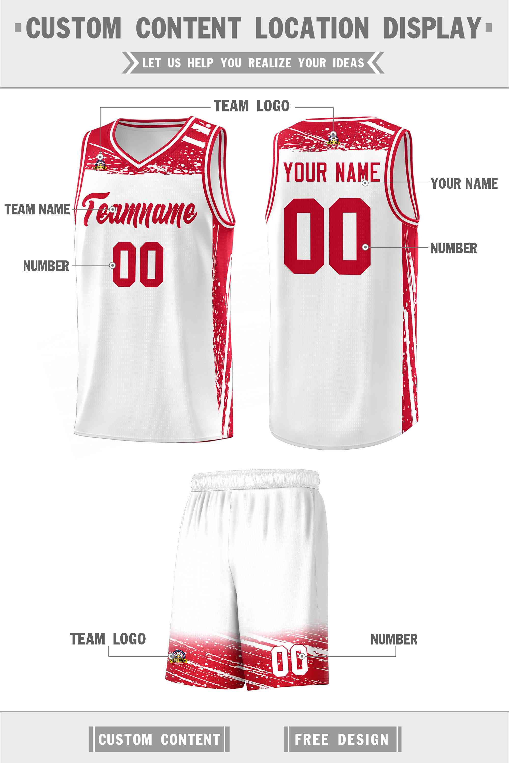 Custom White Red Graffiti Pattern Sports Uniform Basketball Jersey