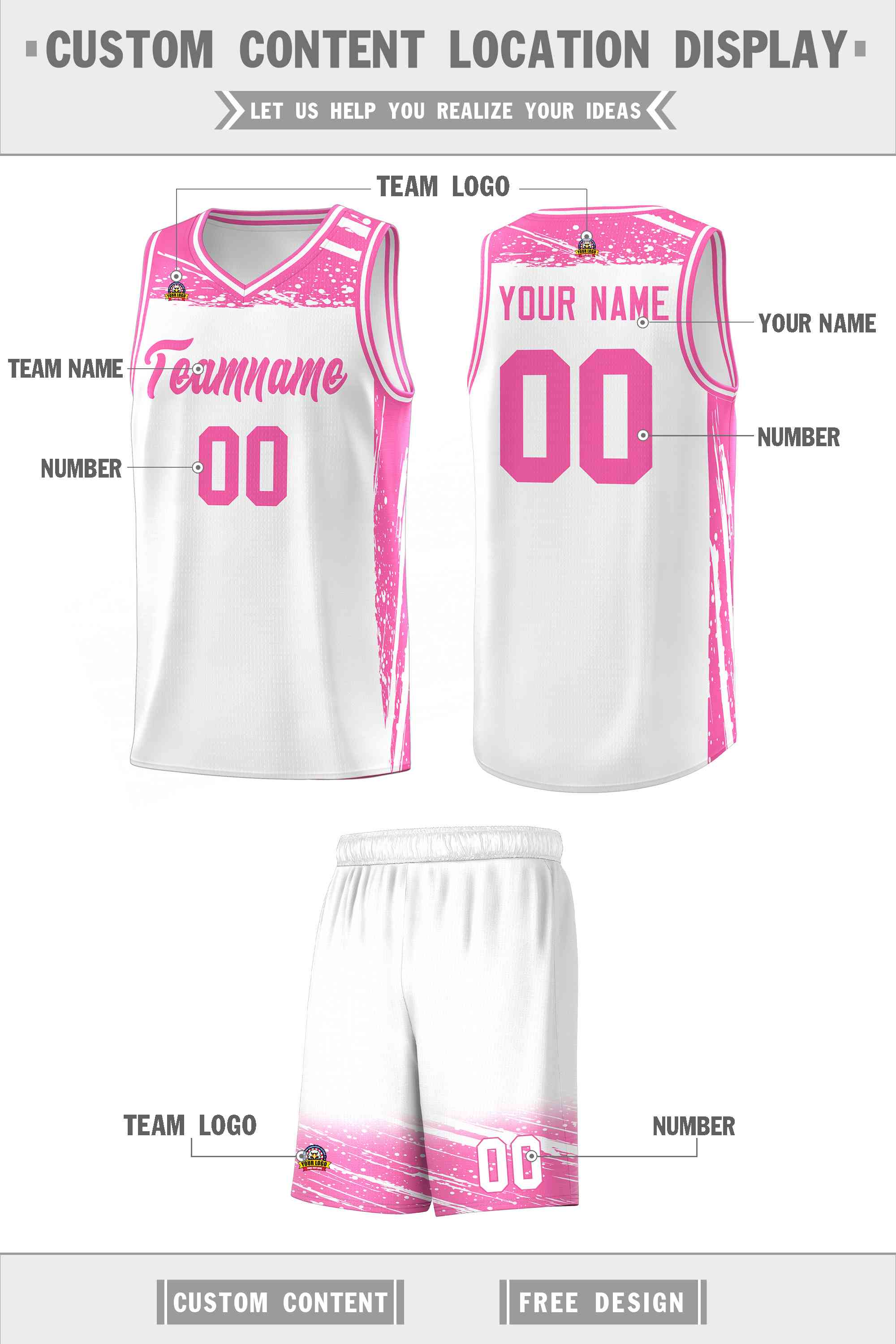 Custom White Pink Graffiti Pattern Sports Uniform Basketball Jersey