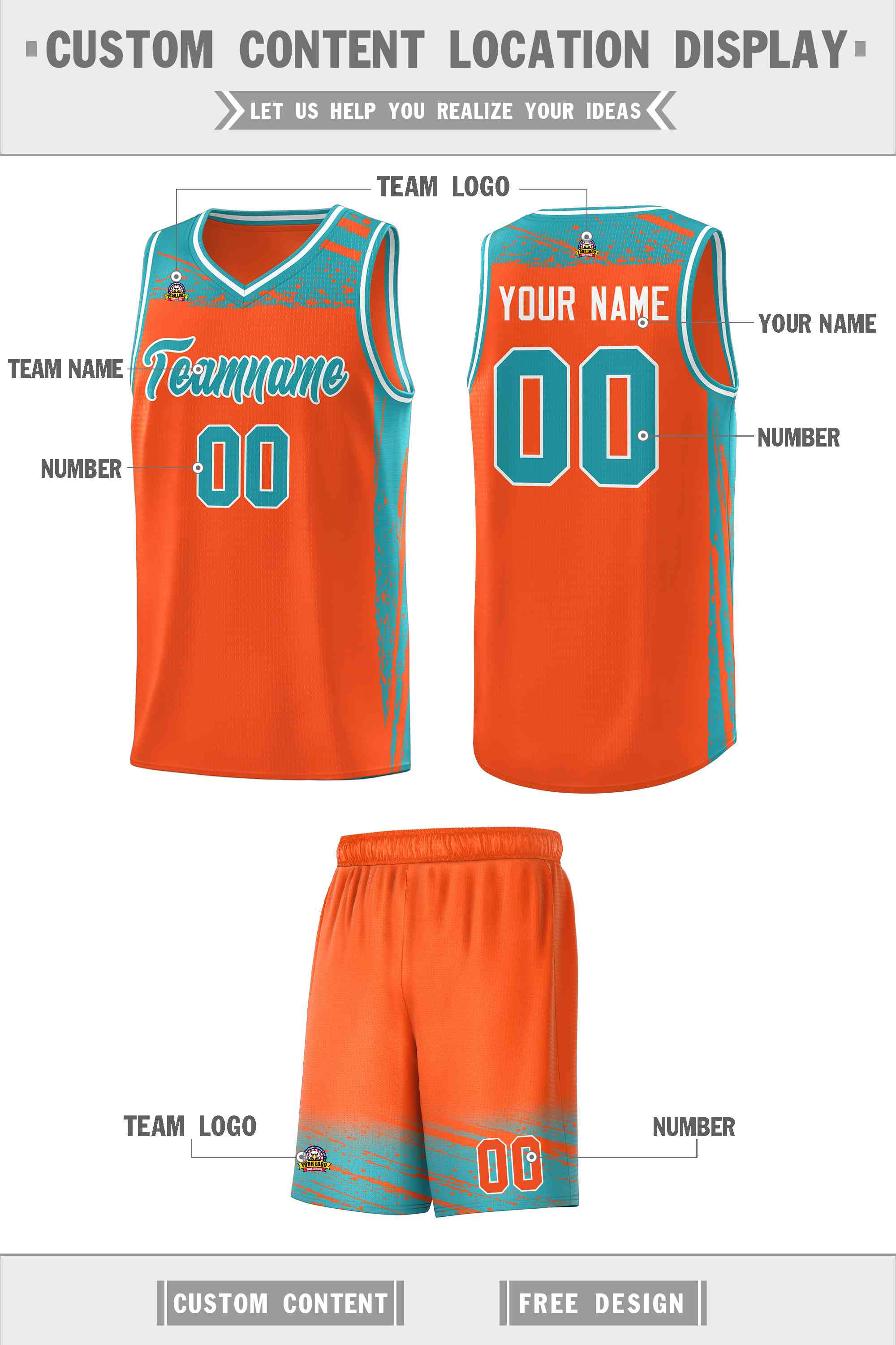 Custom Orange Aqua Graffiti Pattern Sports Uniform Basketball Jersey