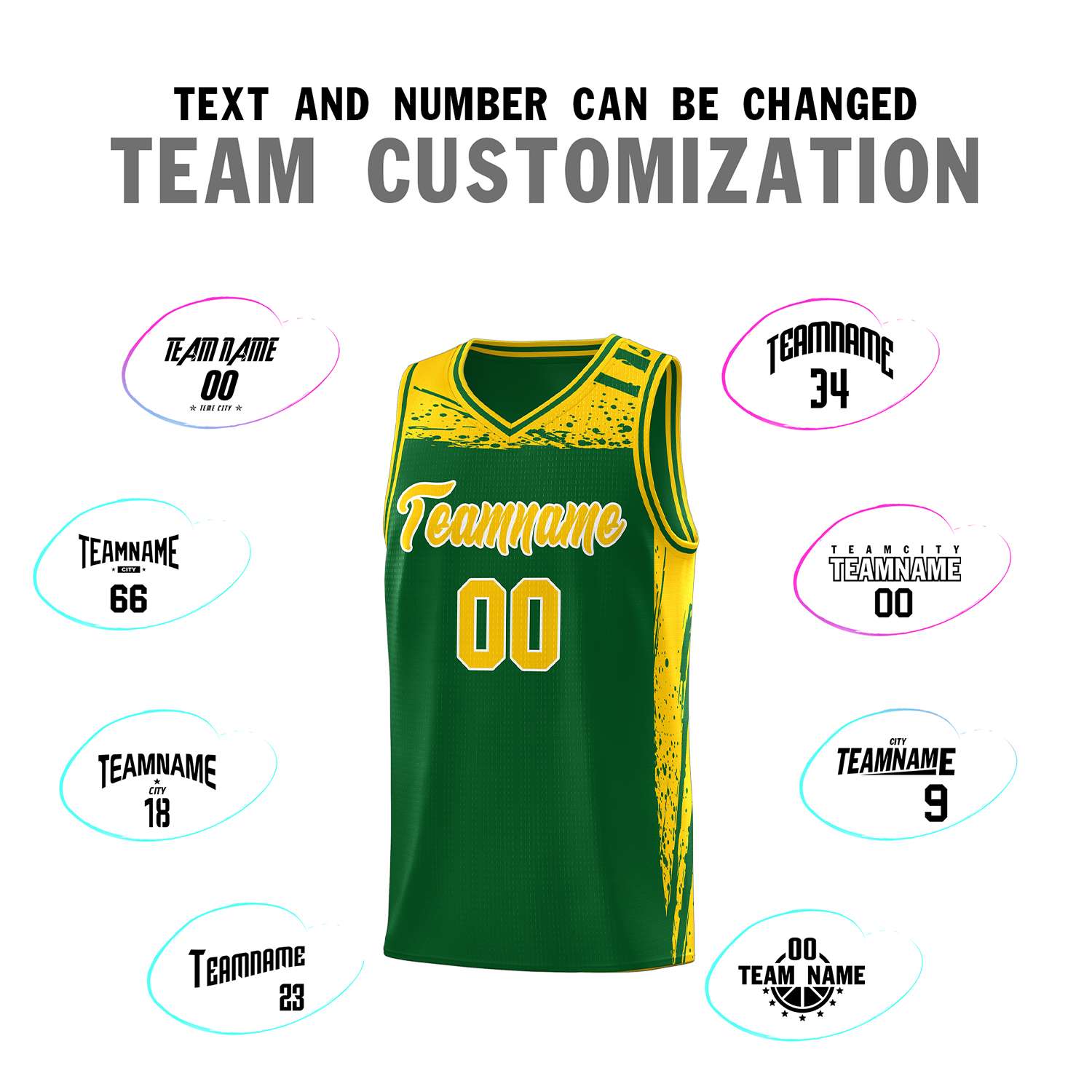 Custom Kelly Green Yellow Graffiti Pattern Sports Uniform Basketball Jersey