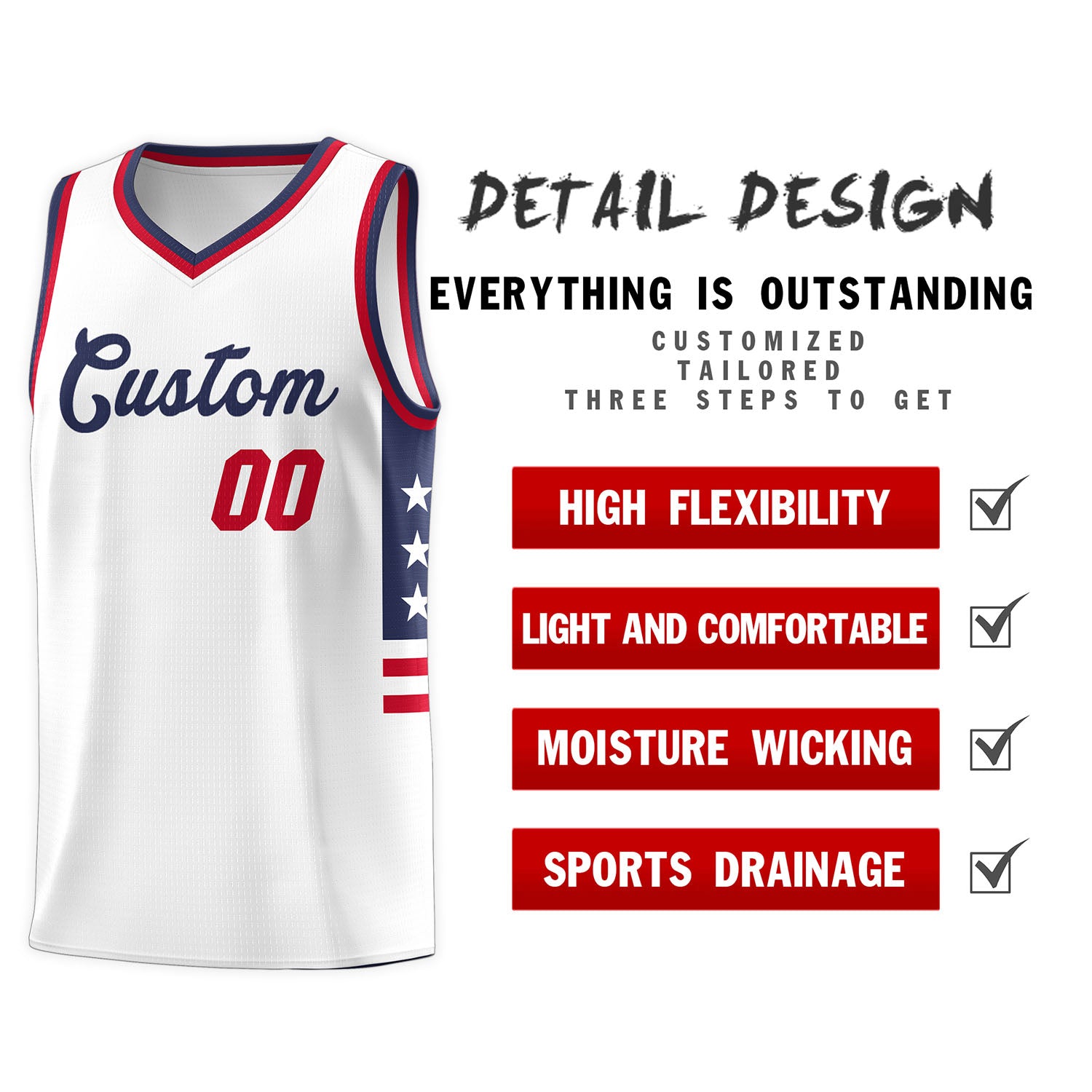 Custom White Navy-Red Personalized Star Pattern Tops Fashion Sportwear Basketball Jersey