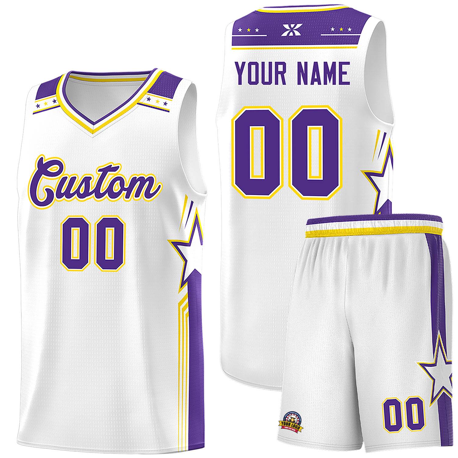 Custom White Purple Star Graffiti Pattern Sports Uniform Basketball Jersey