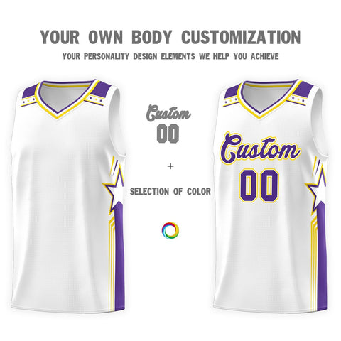 Custom White Purple Star Graffiti Pattern Sports Uniform Basketball Jersey