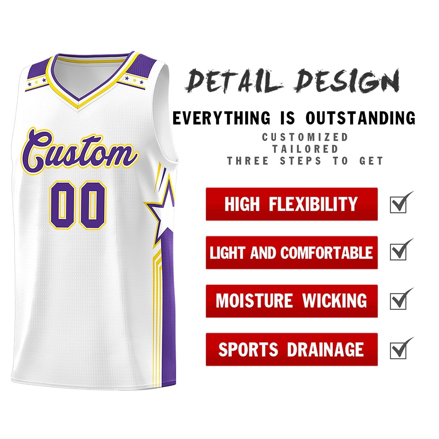 Custom White Purple Star Graffiti Pattern Sports Uniform Basketball Jersey