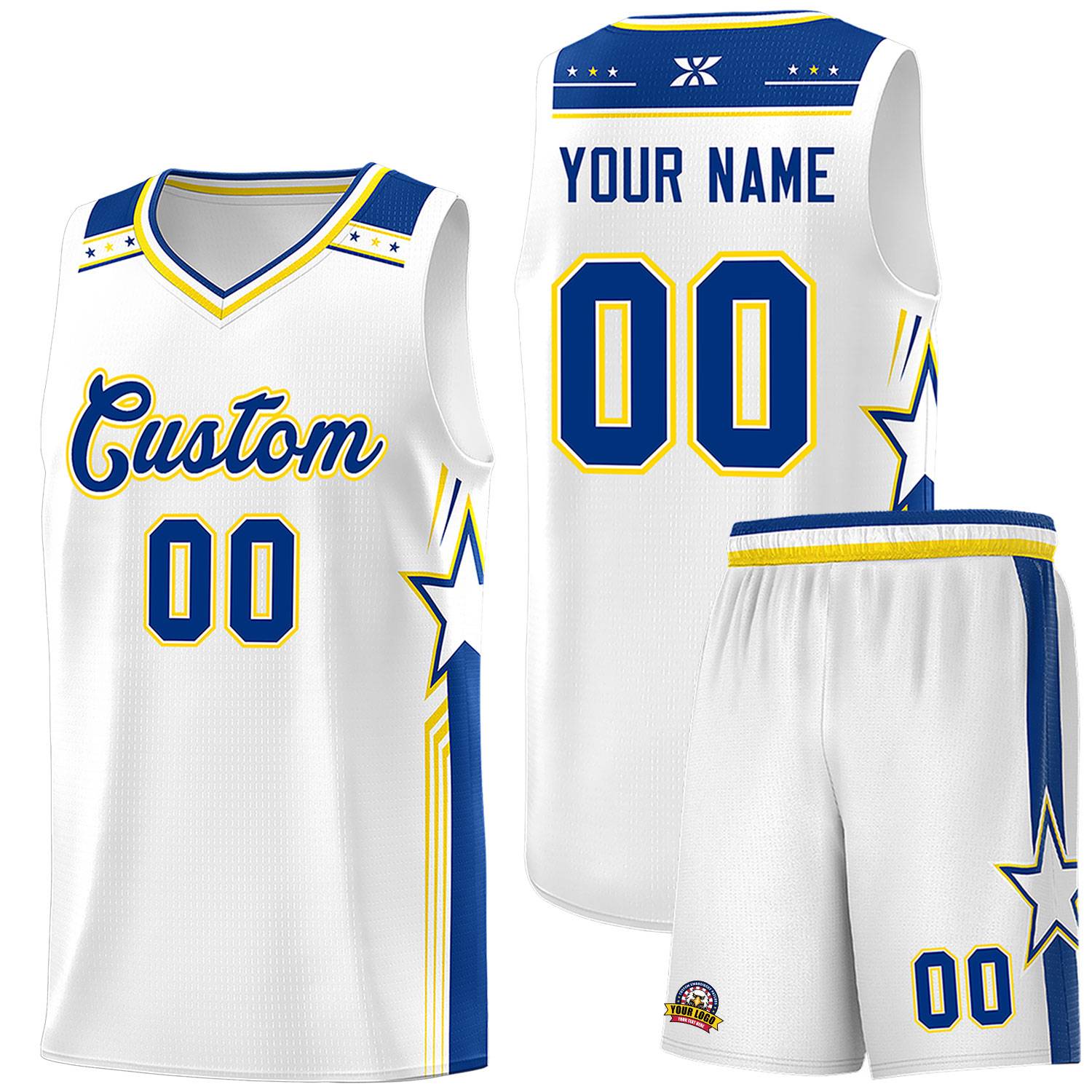 Custom White Royal Star Graffiti Pattern Sports Uniform Basketball Jersey