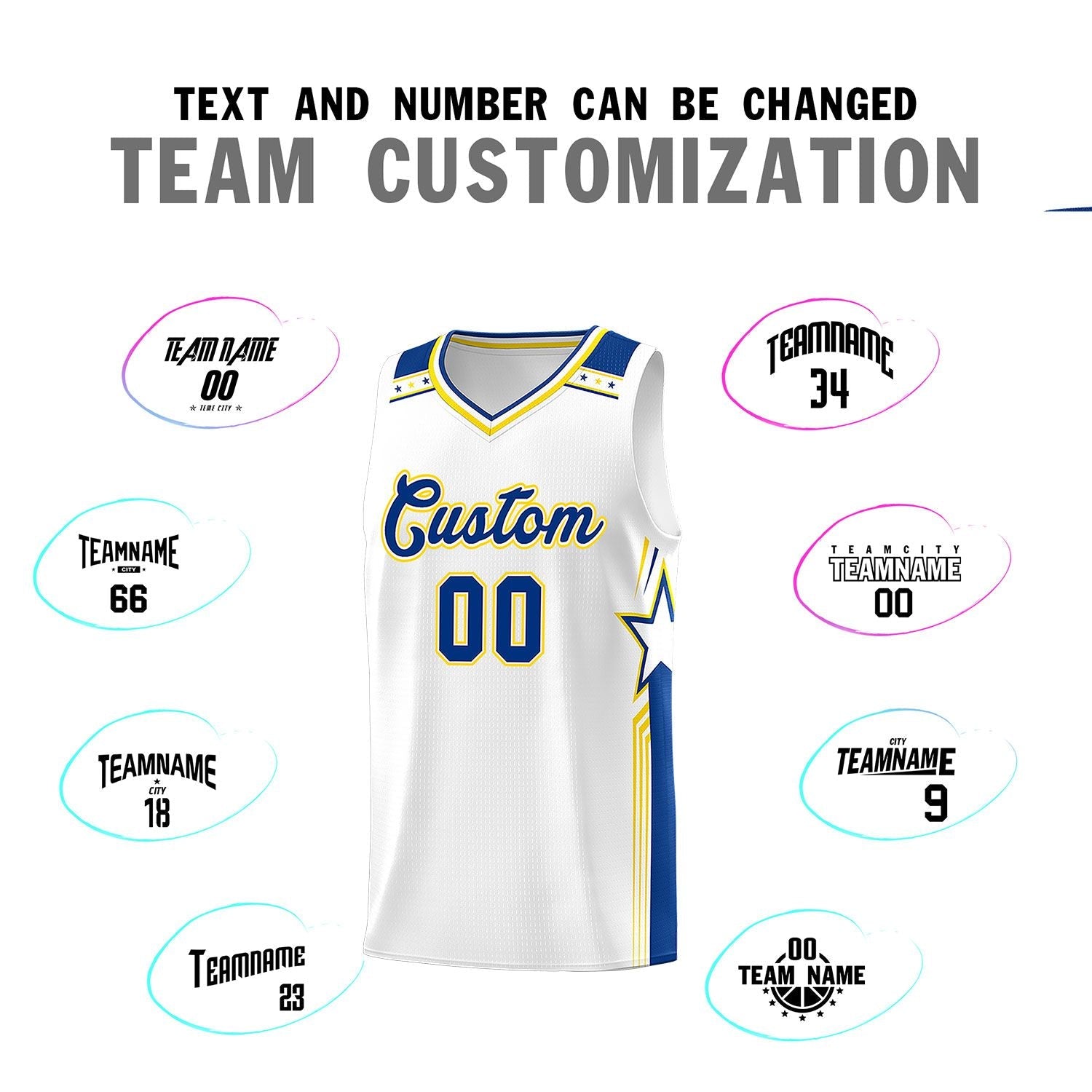 Custom White Royal Star Graffiti Pattern Sports Uniform Basketball Jersey