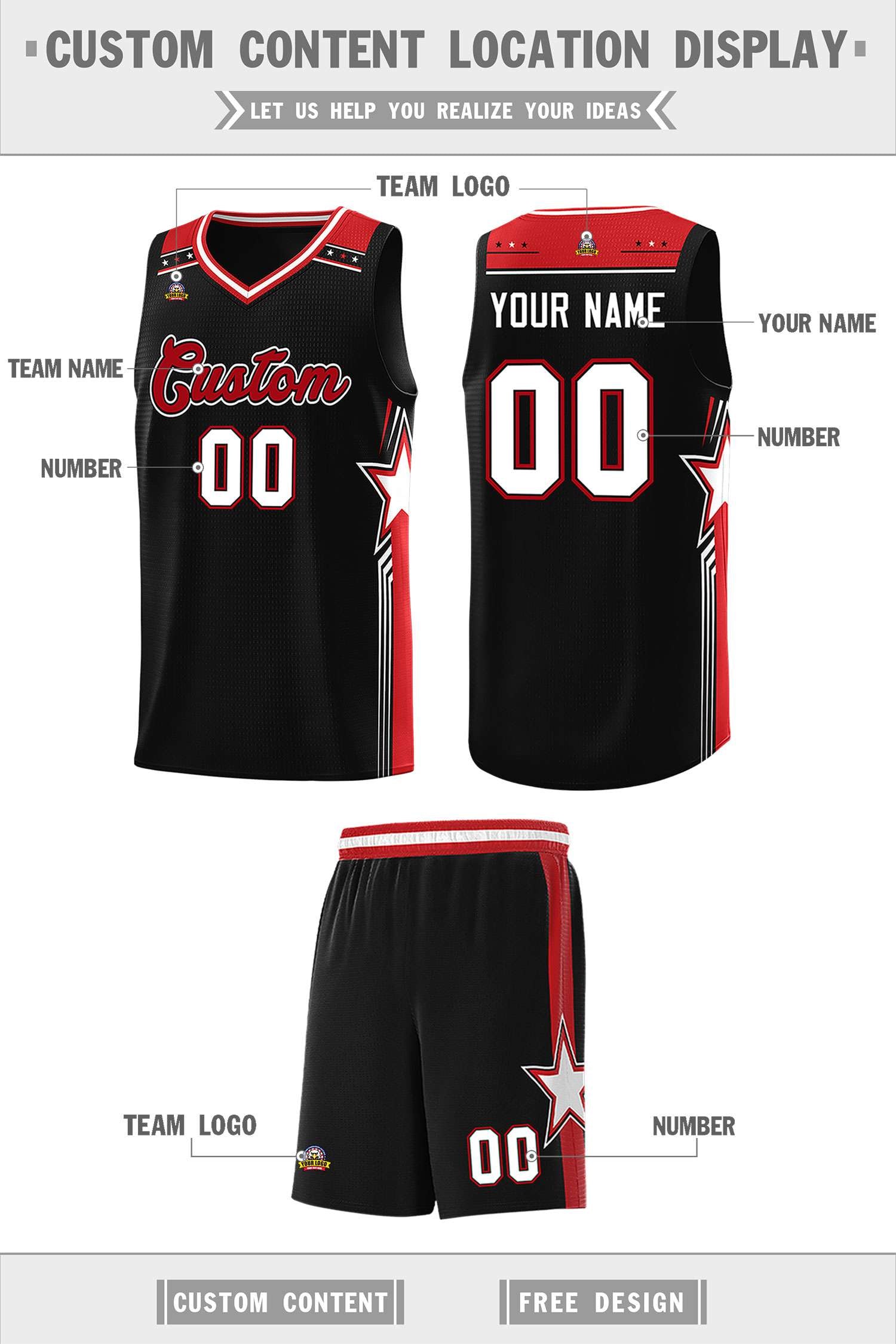 Custom Black Red Star Graffiti Pattern Sports Uniform Basketball Jersey