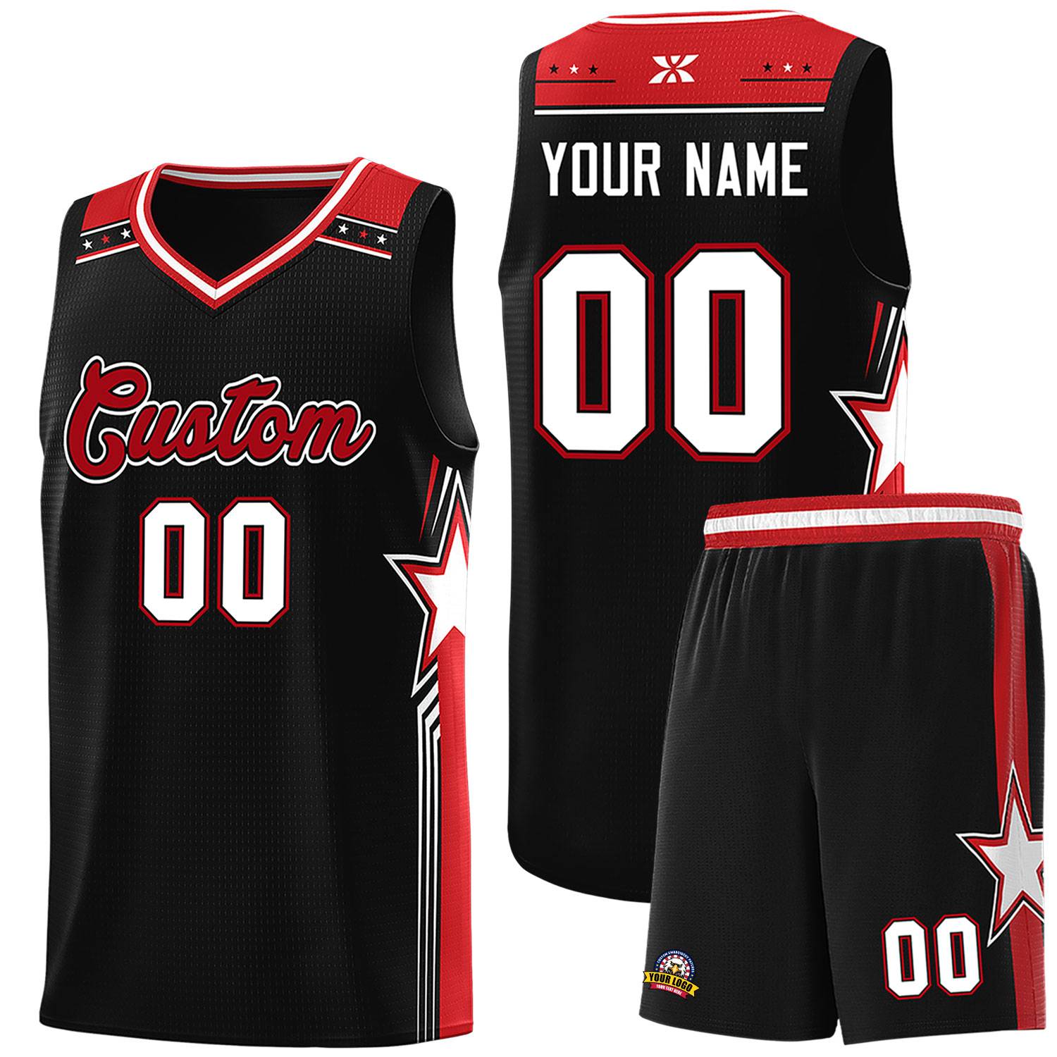 Custom Black Red Star Graffiti Pattern Sports Uniform Basketball Jersey