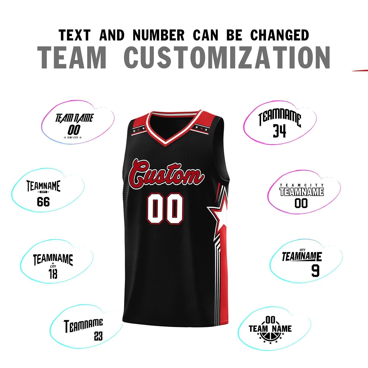 Custom Black Red Star Graffiti Pattern Sports Uniform Basketball Jersey