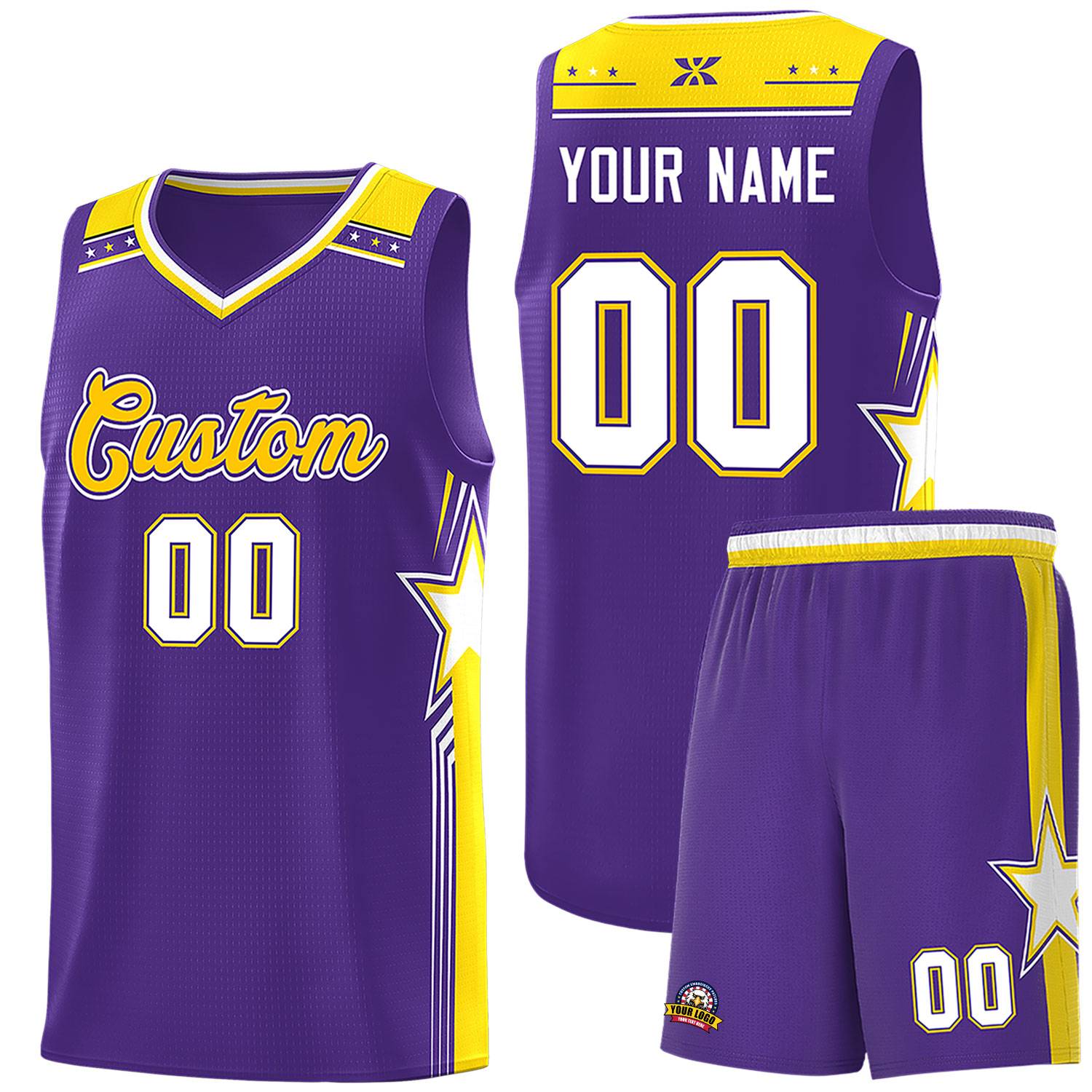 Custom Purple Gold Star Graffiti Pattern Sports Uniform Basketball Jersey