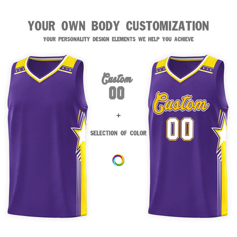 Custom Purple Gold Star Graffiti Pattern Sports Uniform Basketball Jersey
