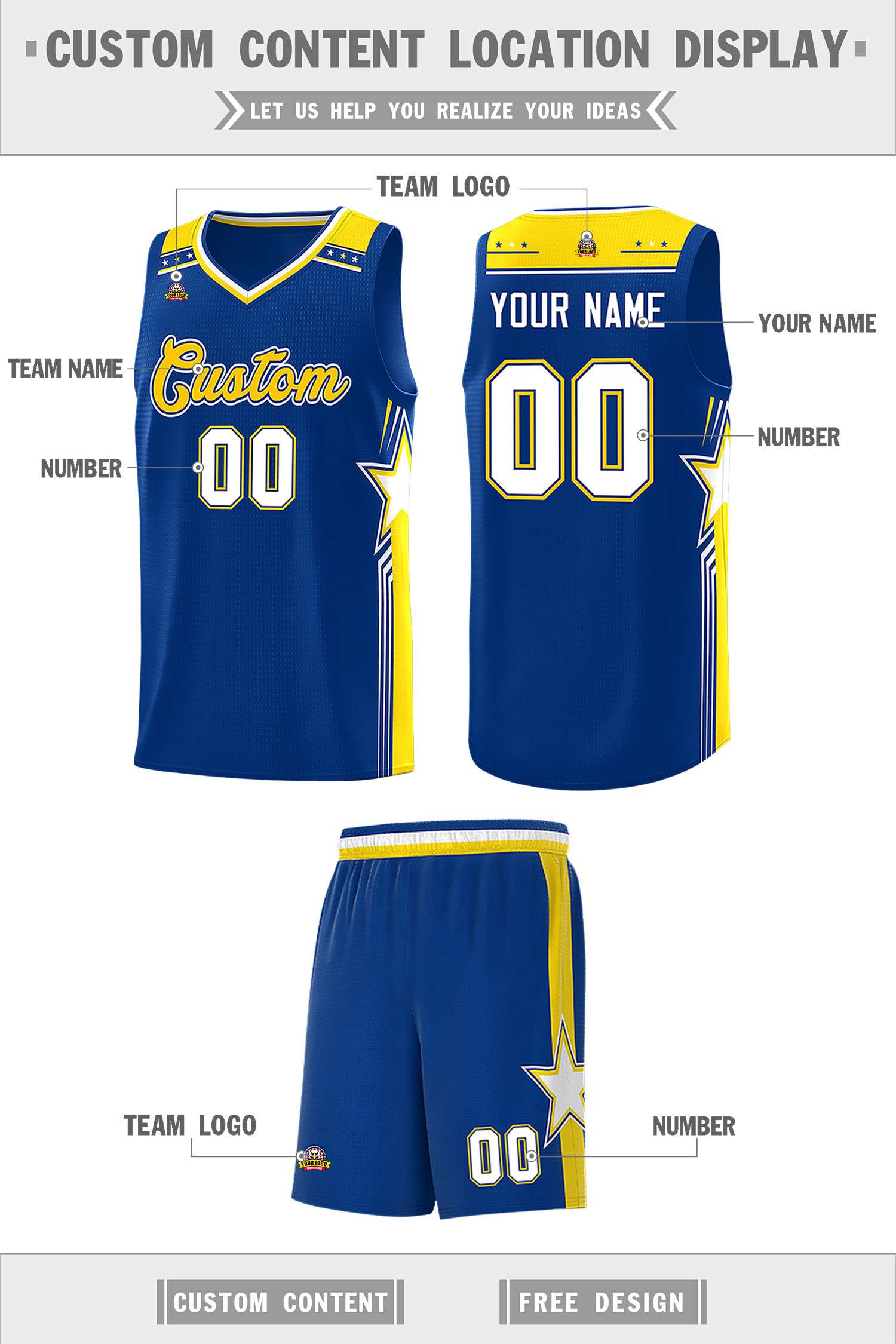 Custom Royal Gold Star Graffiti Pattern Sports Uniform Basketball Jersey