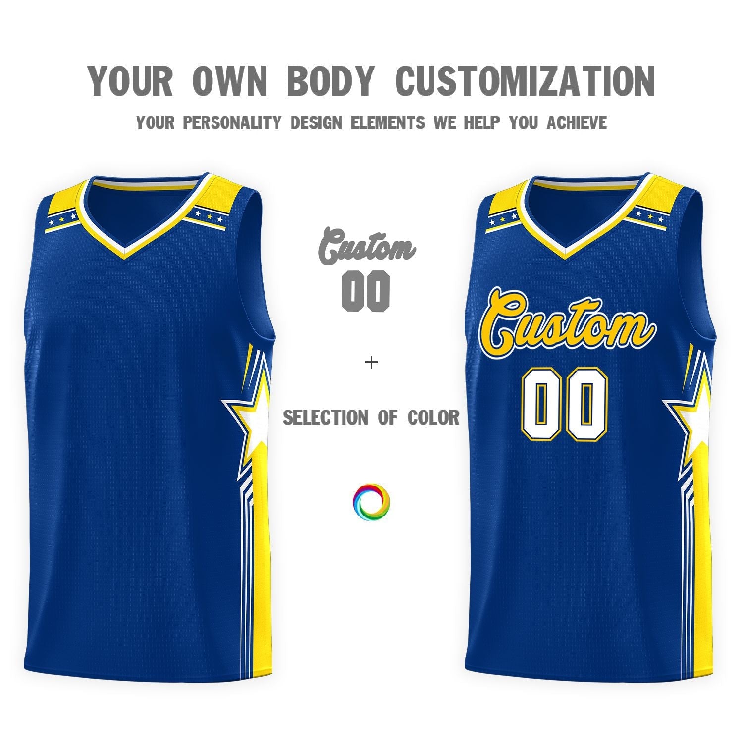 Custom Royal Gold Star Graffiti Pattern Sports Uniform Basketball Jersey