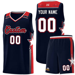 Custom Navy Red Star Graffiti Pattern Sports Uniform Basketball Jersey