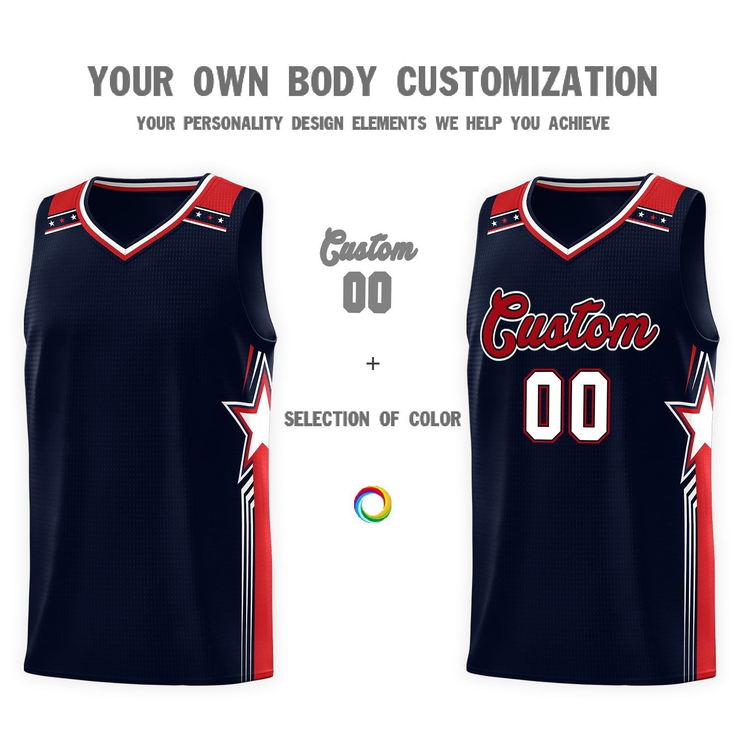 Custom Navy Red Star Graffiti Pattern Sports Uniform Basketball Jersey