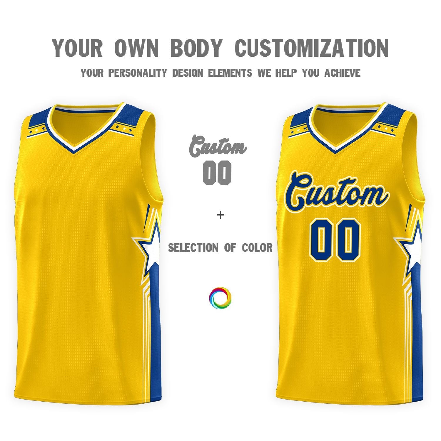 Custom Gold Royal Star Graffiti Pattern Sports Uniform Basketball Jersey