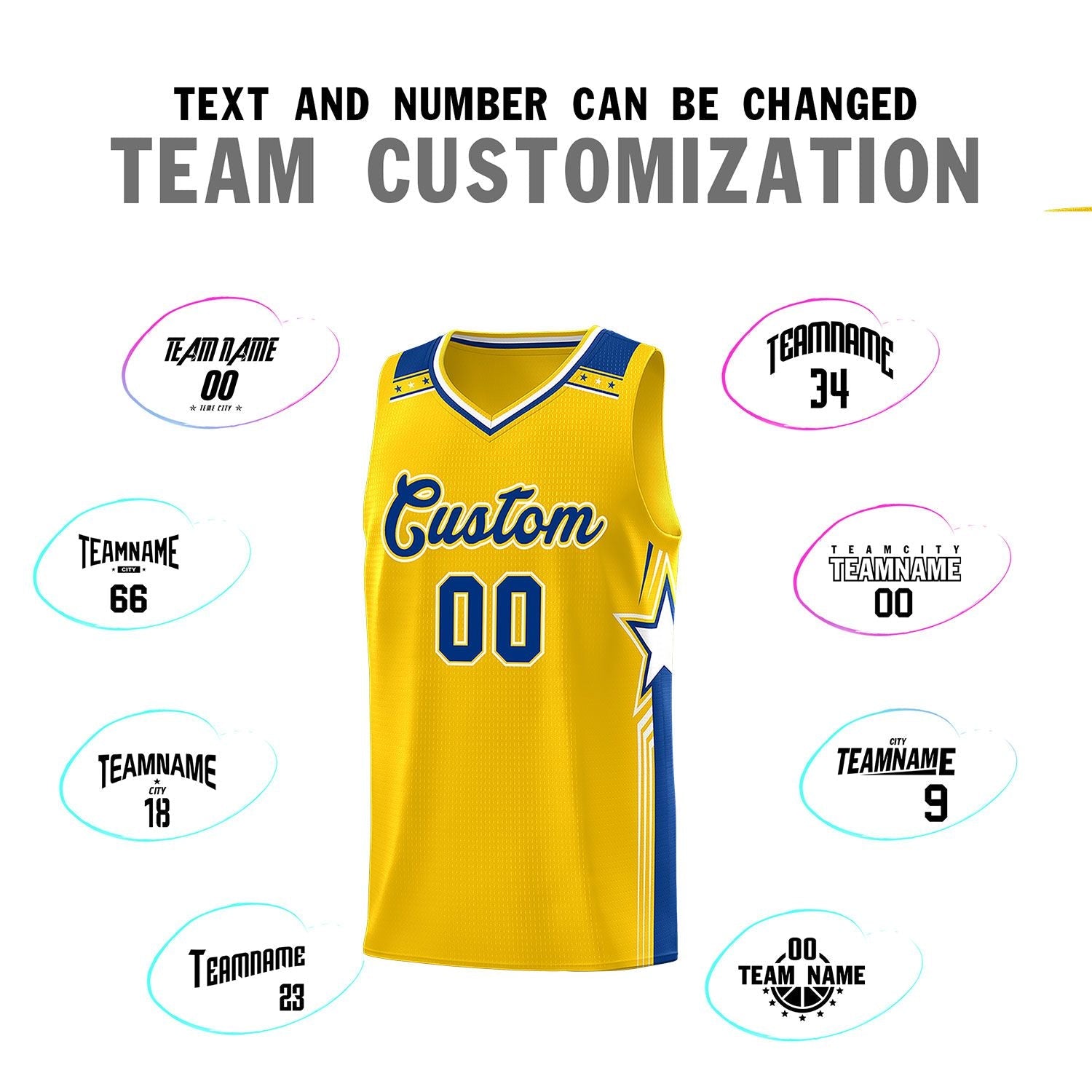 Custom Gold Royal Star Graffiti Pattern Sports Uniform Basketball Jersey