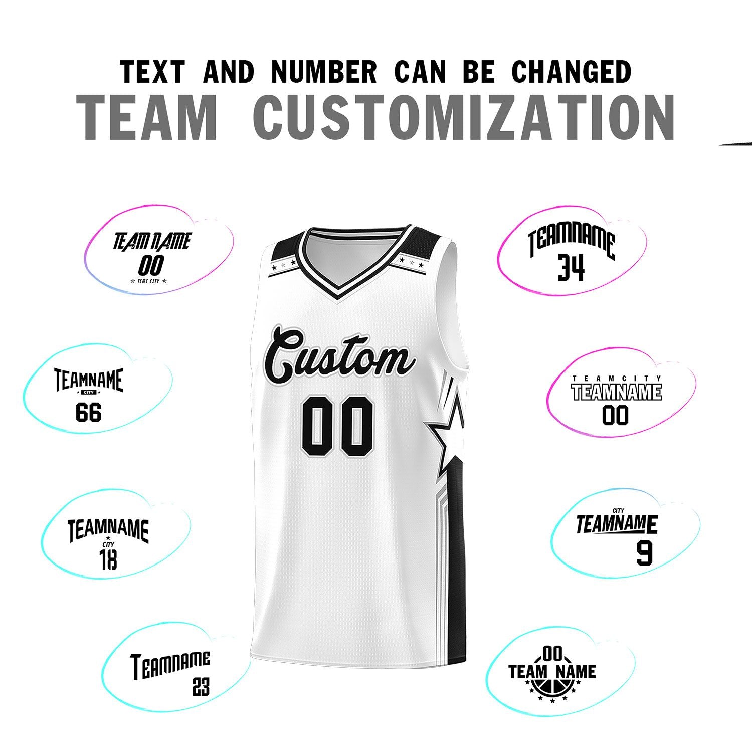 Custom White Black Star Graffiti Pattern Sports Uniform Basketball Jersey