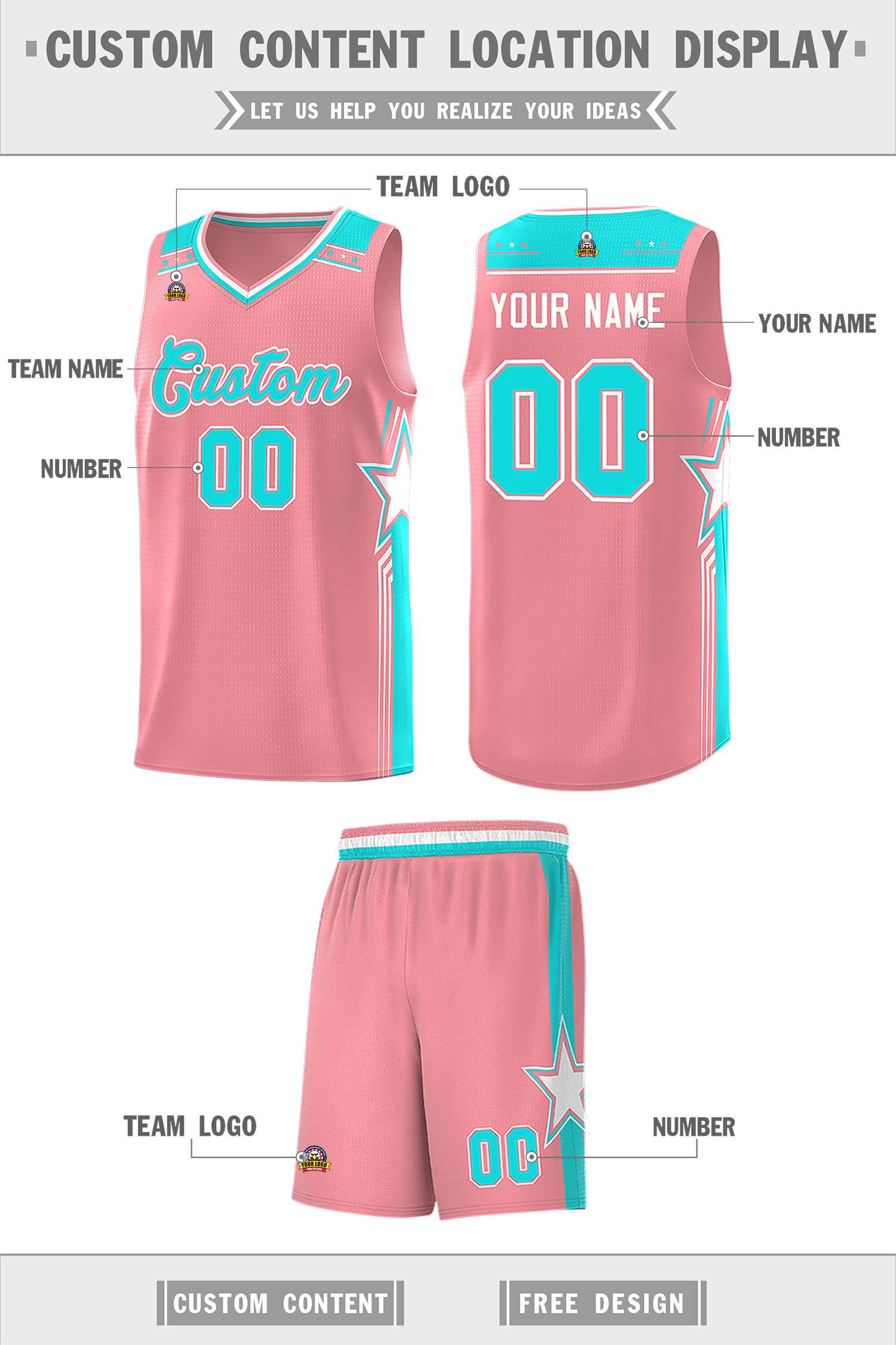 Custom Light Pink Aqua Star Graffiti Pattern Sports Uniform Basketball Jersey