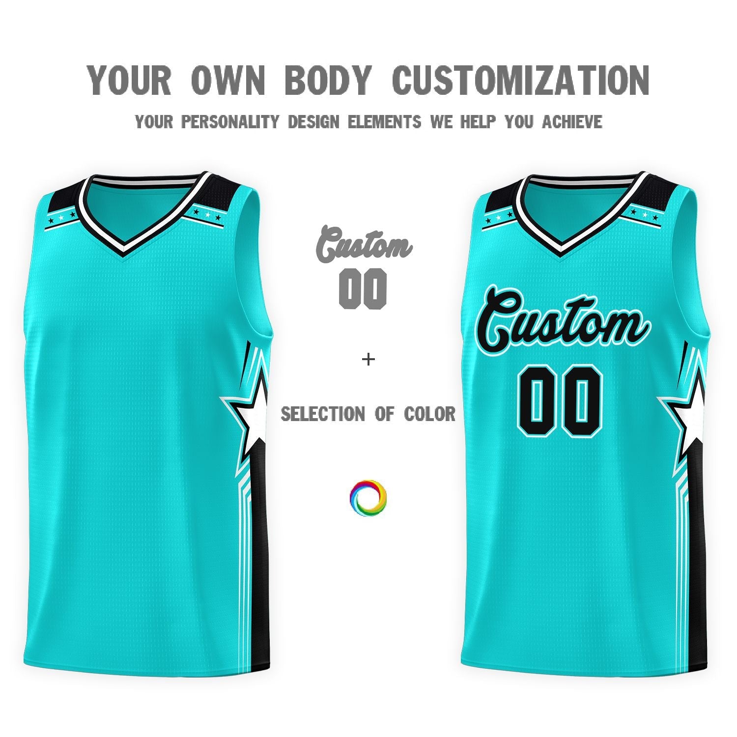 Custom Aqua Black Star Graffiti Pattern Sports Uniform Basketball Jersey