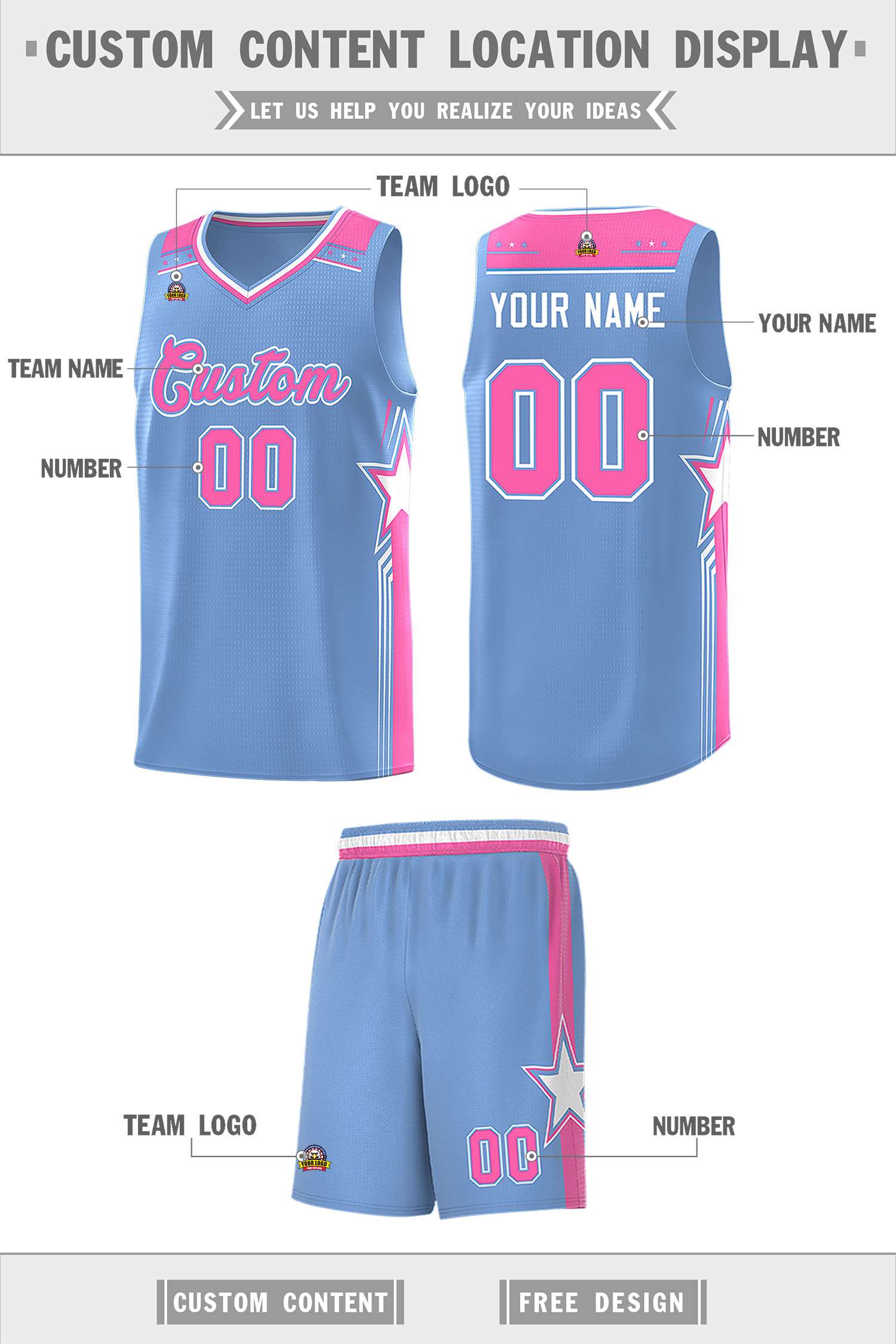 Custom Light Blue Pink Star Graffiti Pattern Sports Uniform Basketball Jersey