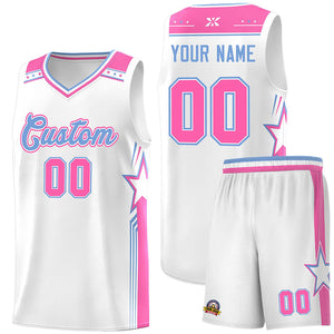 Custom White Light Blue Star Graffiti Pattern Sports Uniform Basketball Jersey