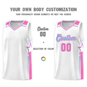 Custom White Light Blue Star Graffiti Pattern Sports Uniform Basketball Jersey