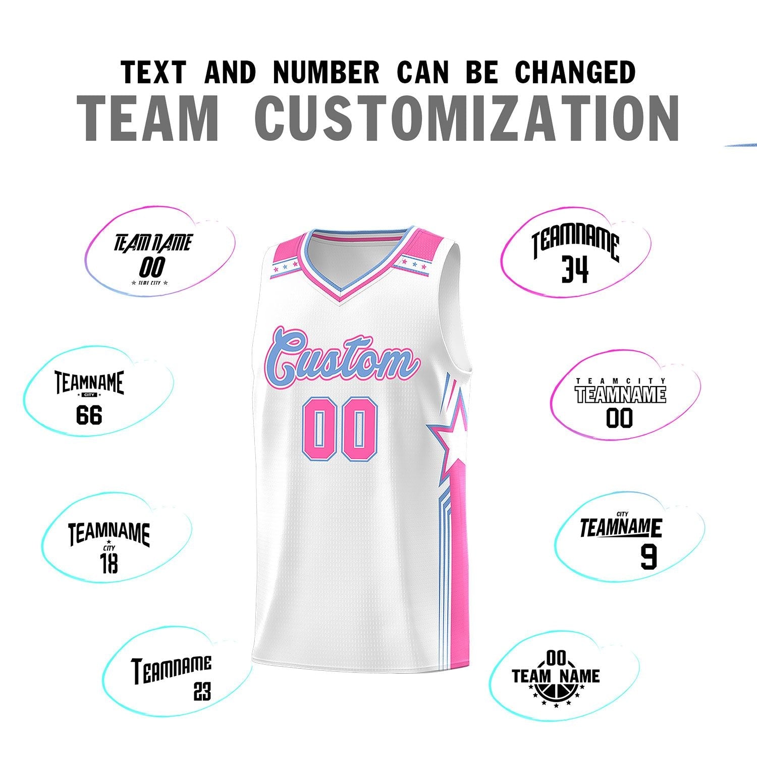 Custom White Light Blue Star Graffiti Pattern Sports Uniform Basketball Jersey