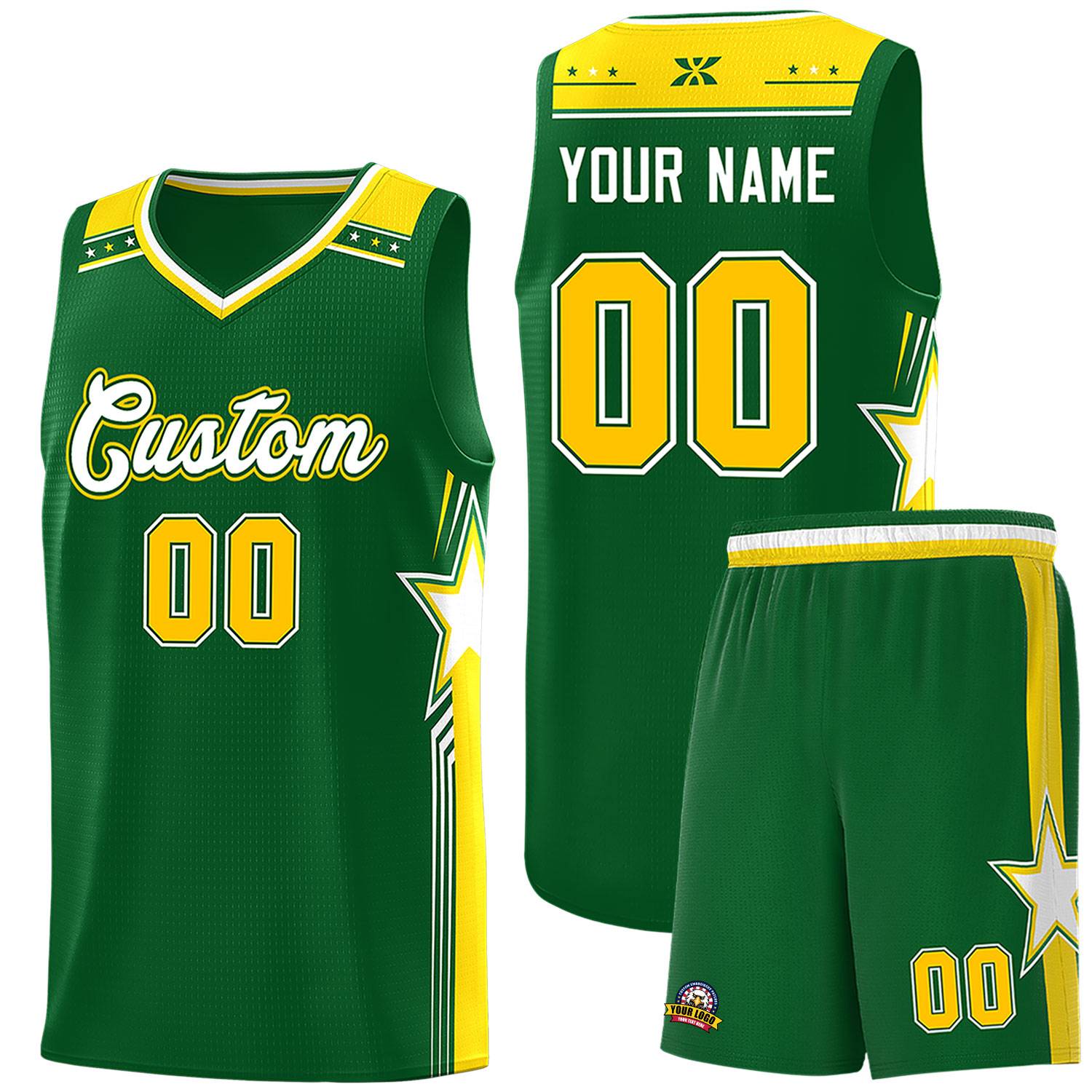 Custom Kelly Green White Star Graffiti Pattern Sports Uniform Basketball Jersey